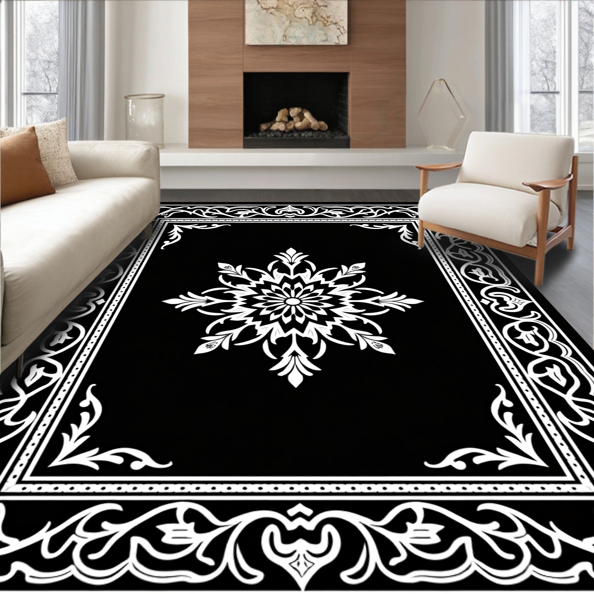 Elegant White Mandala Border Design Rug