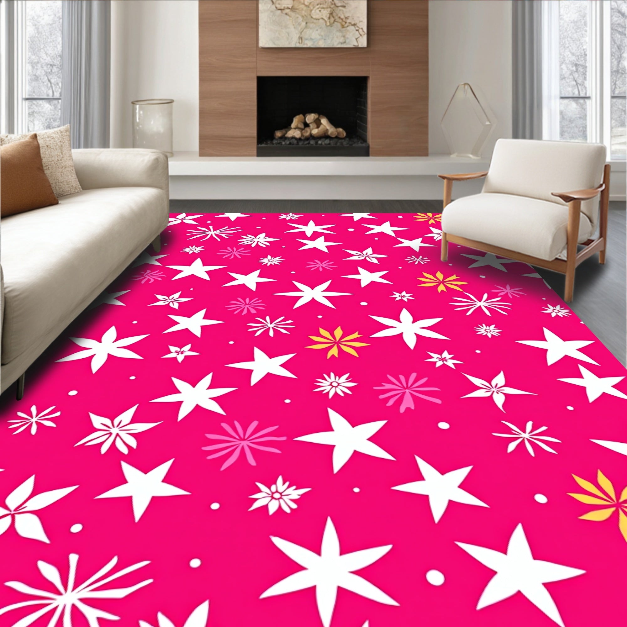 Whimsical Starburst Pattern On Pink Rug
