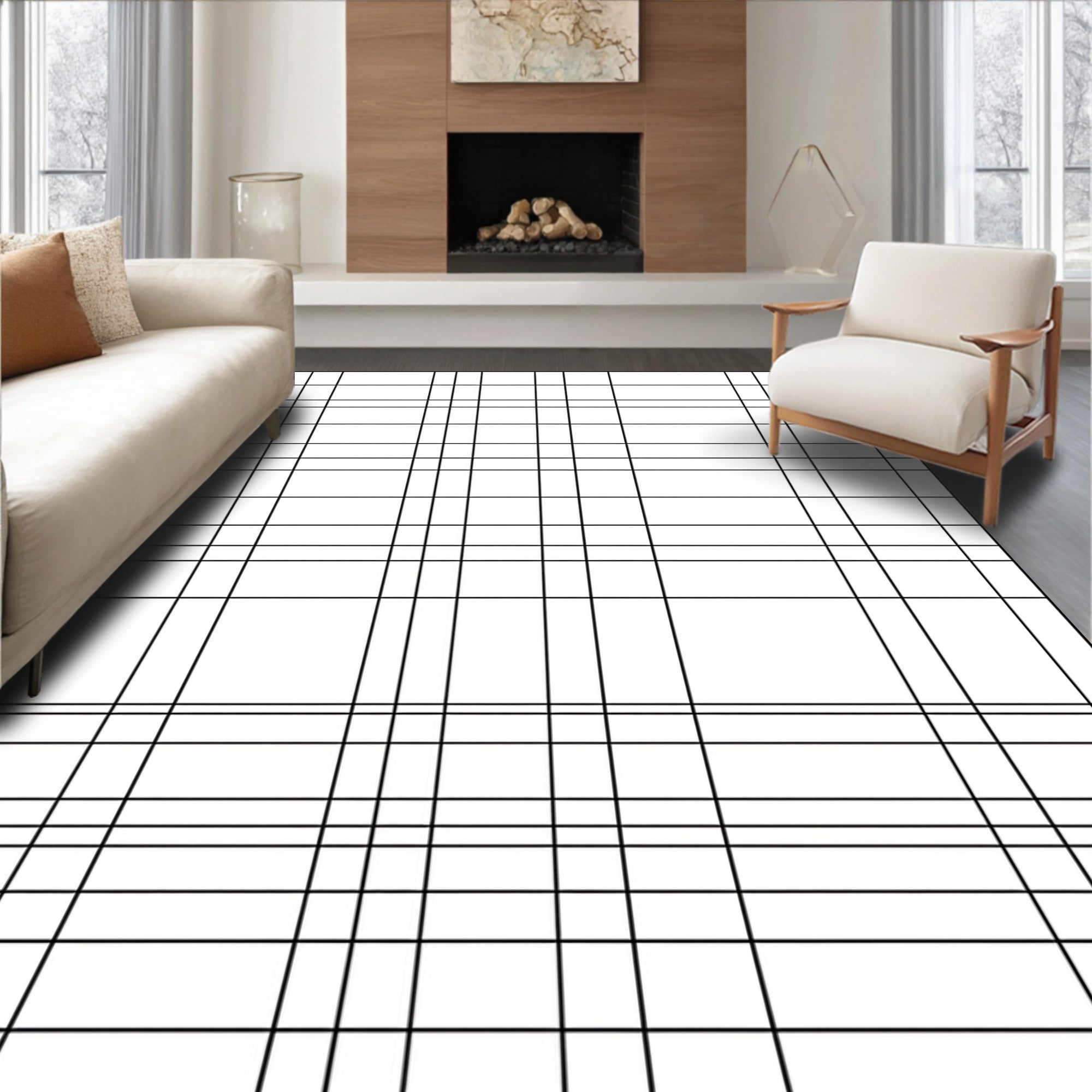 Classic Black White Grid Pattern Rug