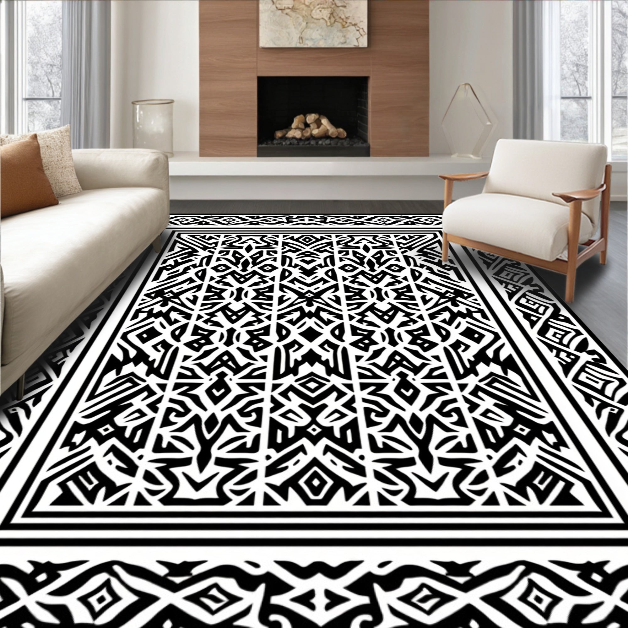 Abstract Mono Black White Patterned Rug