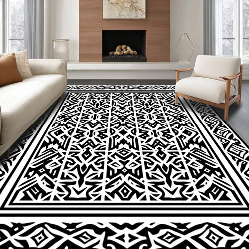 Abstract Mono Black White Patterned Rug