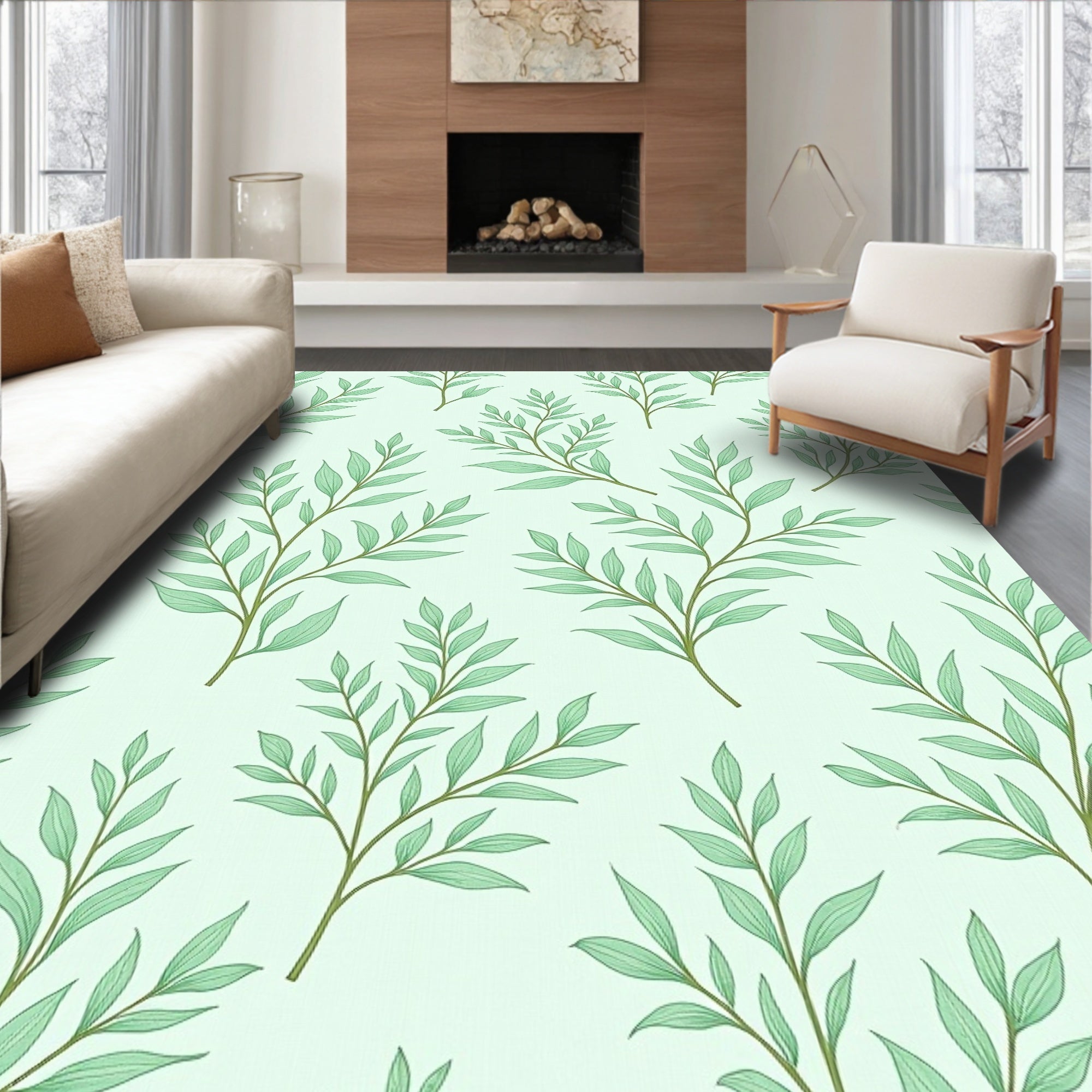 Nature Inspired Green Leaf Pattern Rug