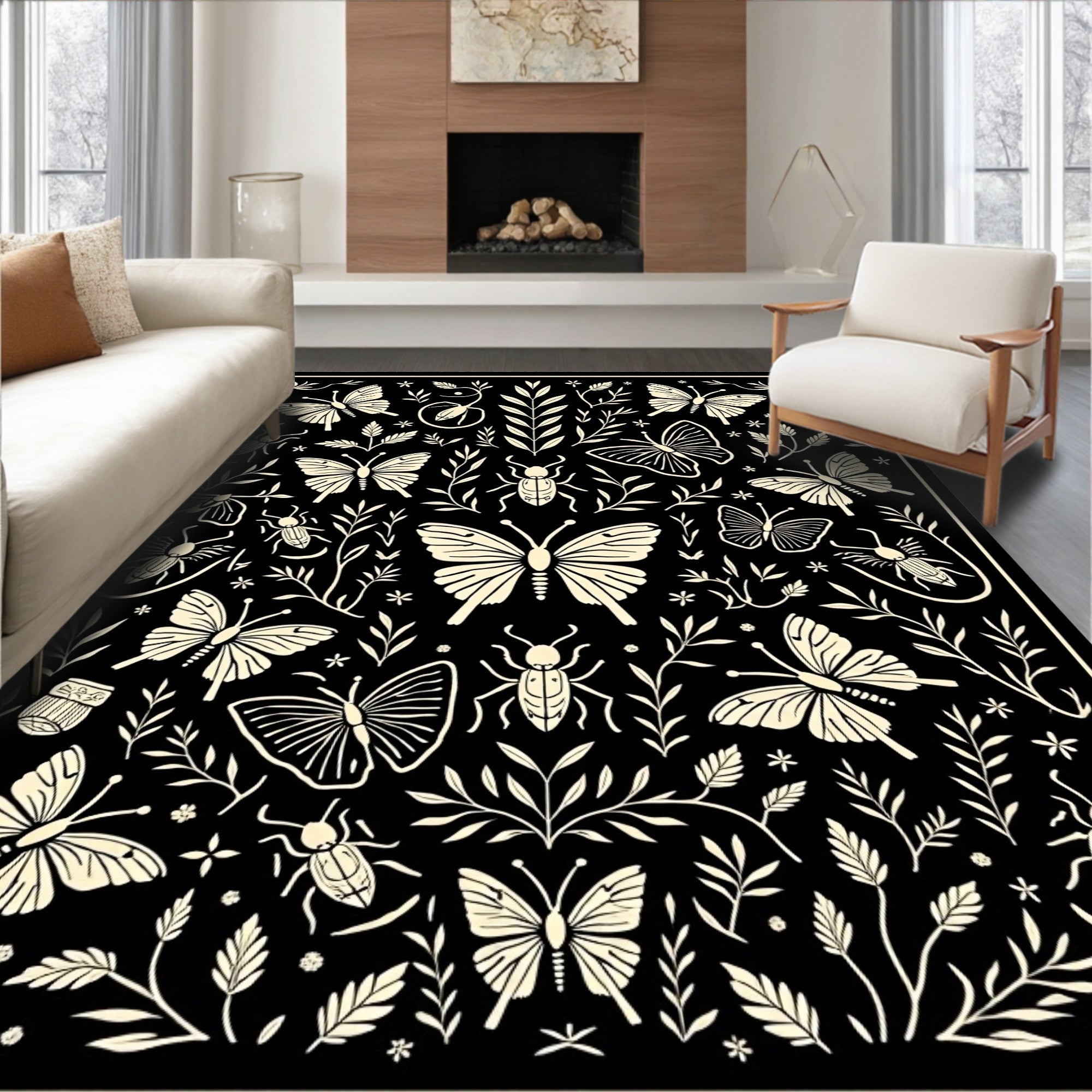 Black cream butterfly insect foliage composition Rug