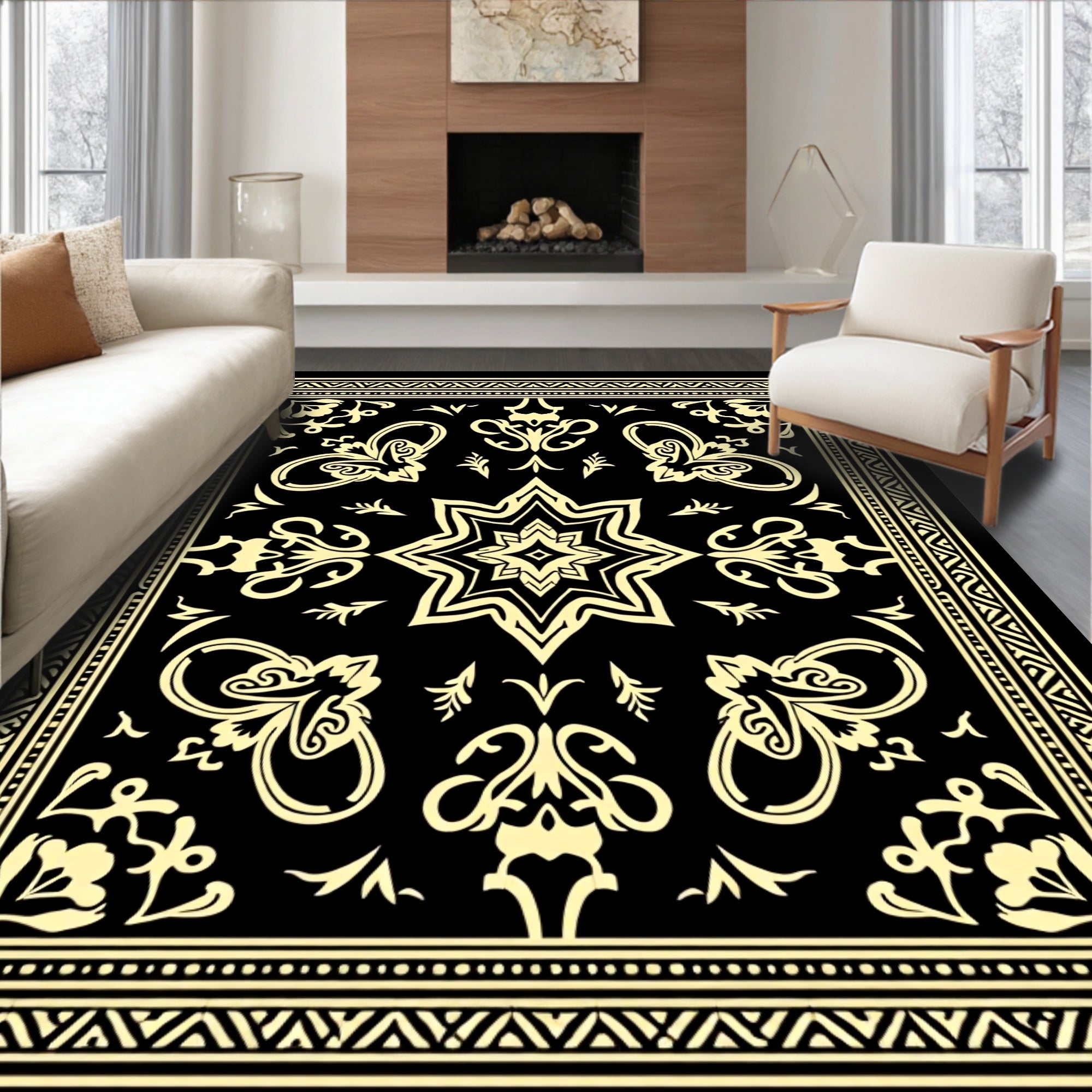 Black Gold Ornamental Floral Design Rug
