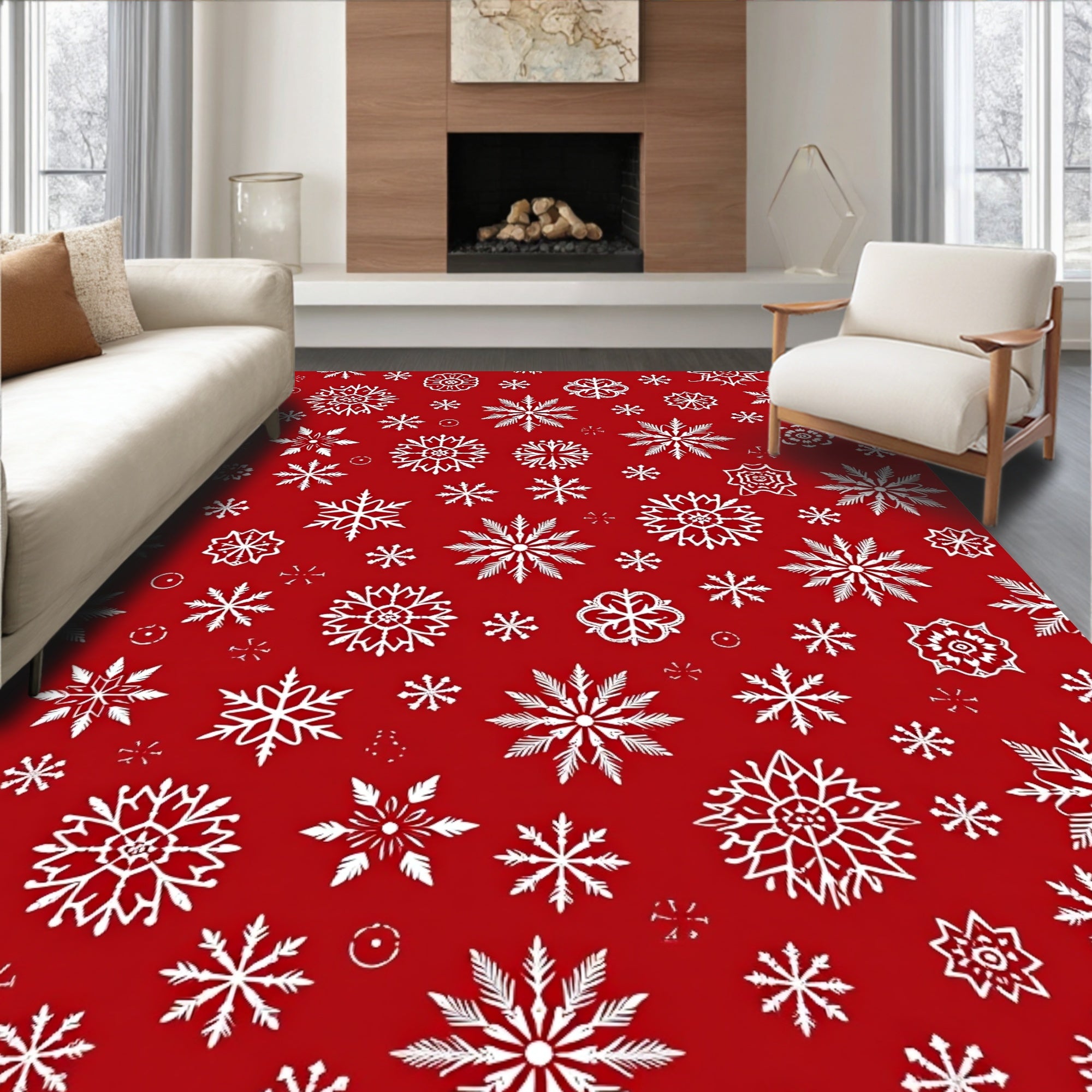 Red White Snowflake Collection Rug
