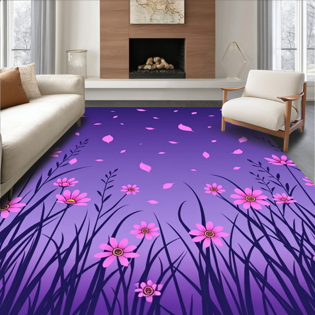 Pink Floral Meadow And Purple Sky Rug