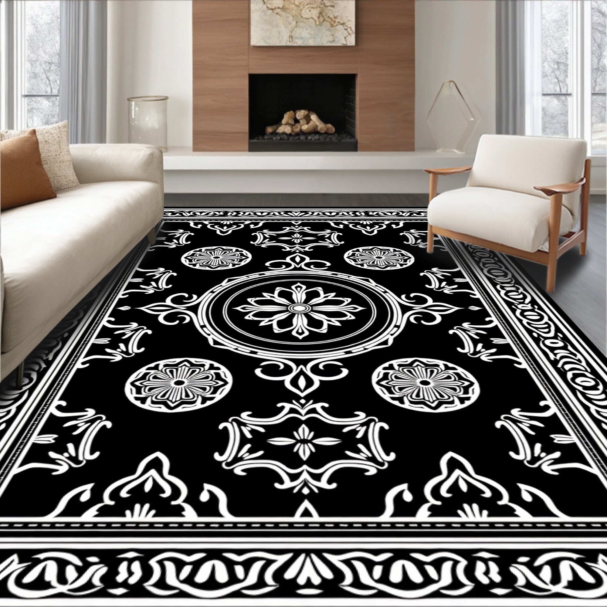Classic Black White Floral Medallion Rug