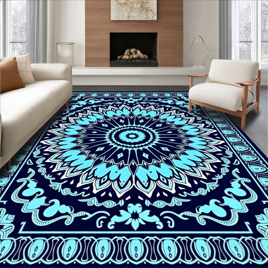 Intricate Teal Mandala Patterned Rug
