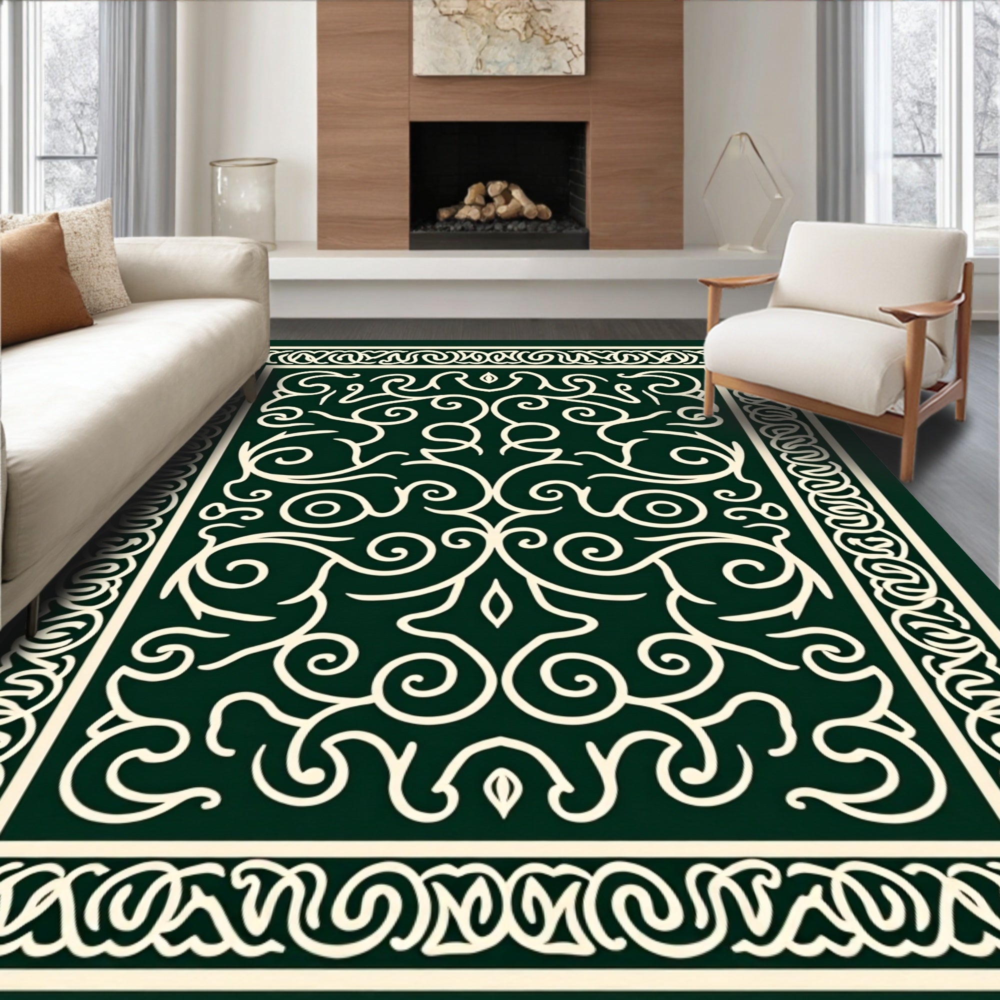 Elegant Ivory Scrollwork Design Rug