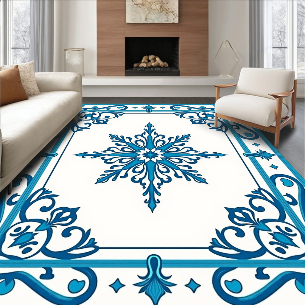 Elegant Blue Snowflake Pattern Rug
