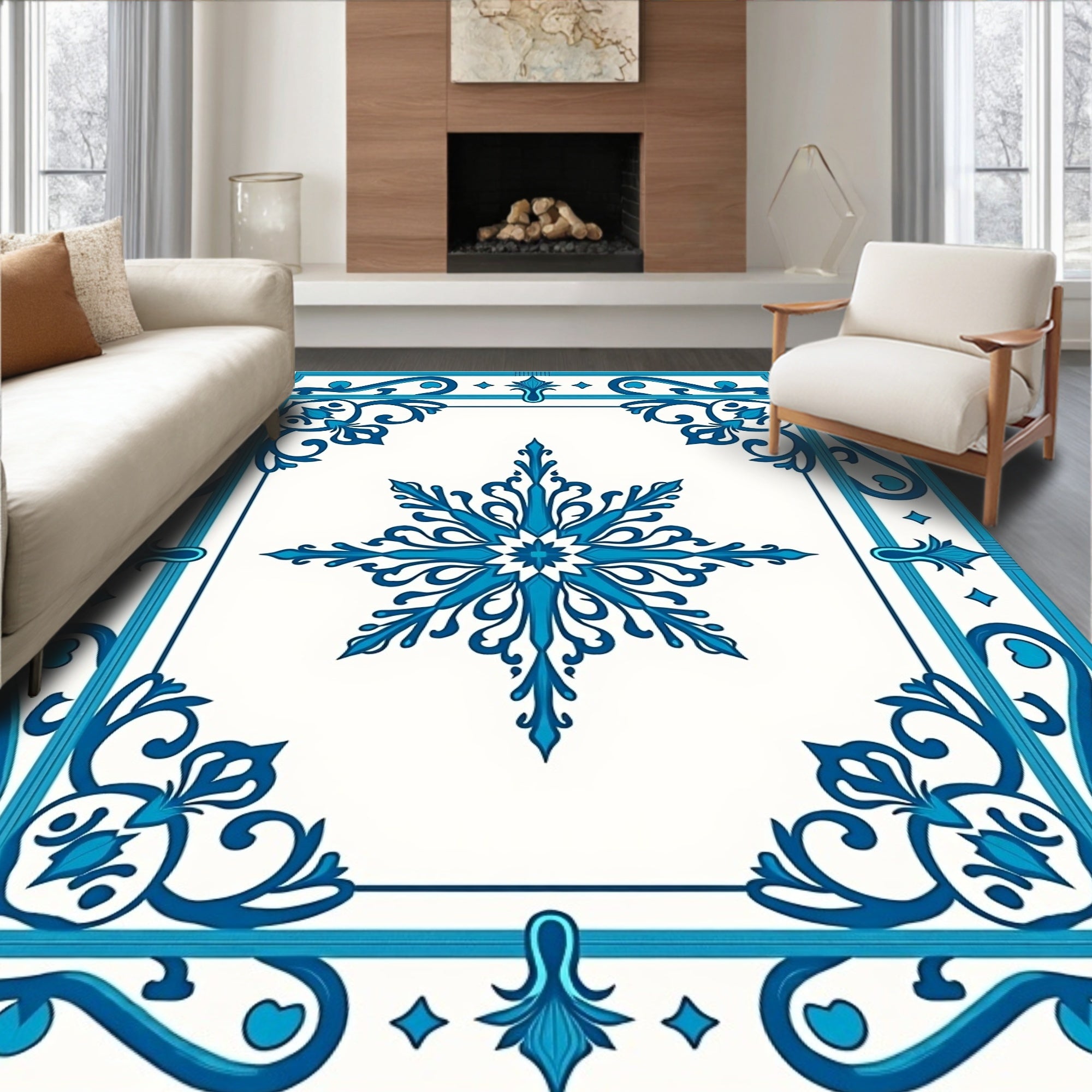 Elegant Blue Snowflake Pattern Rug