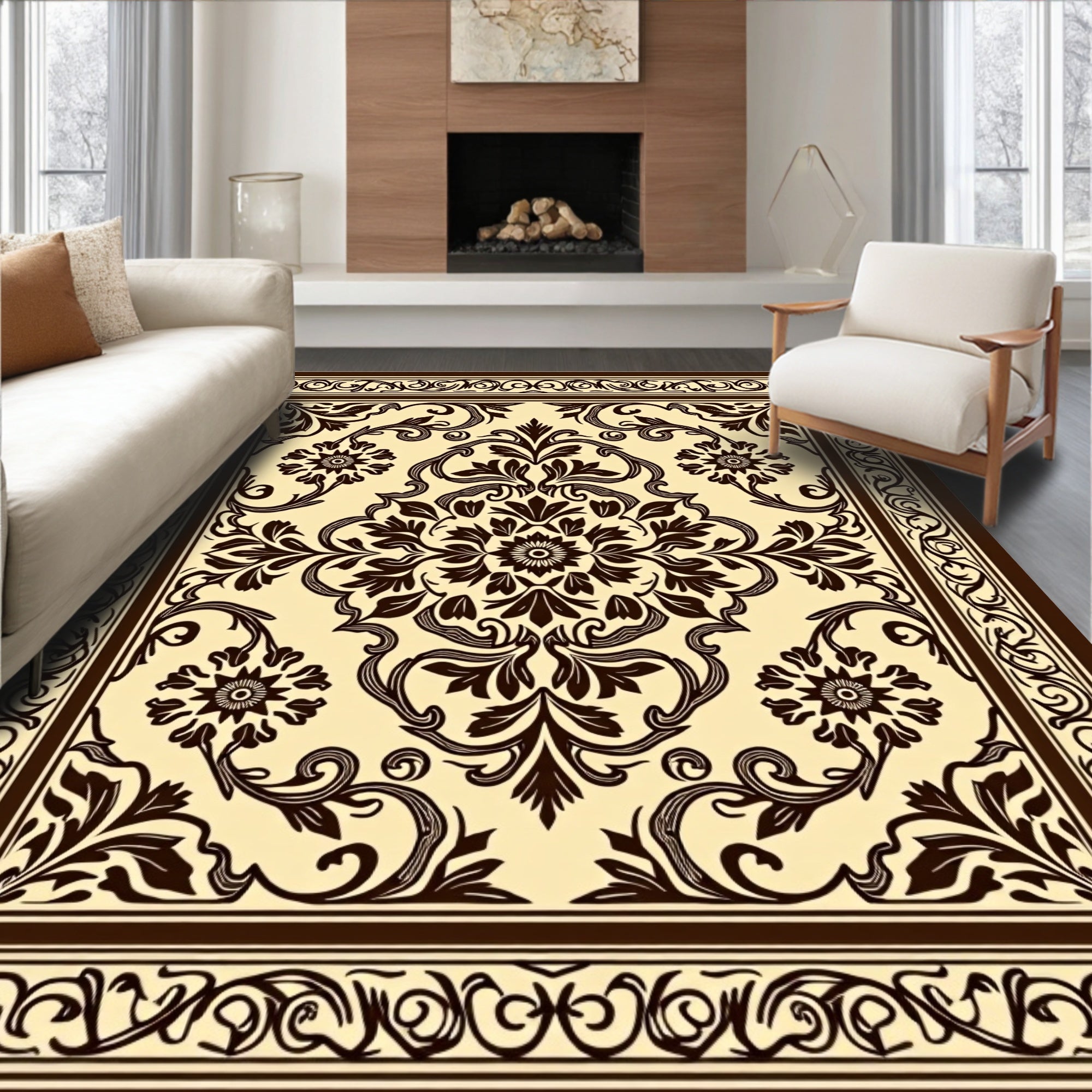 Classic Floral Damask Scrollwork Pattern Rug