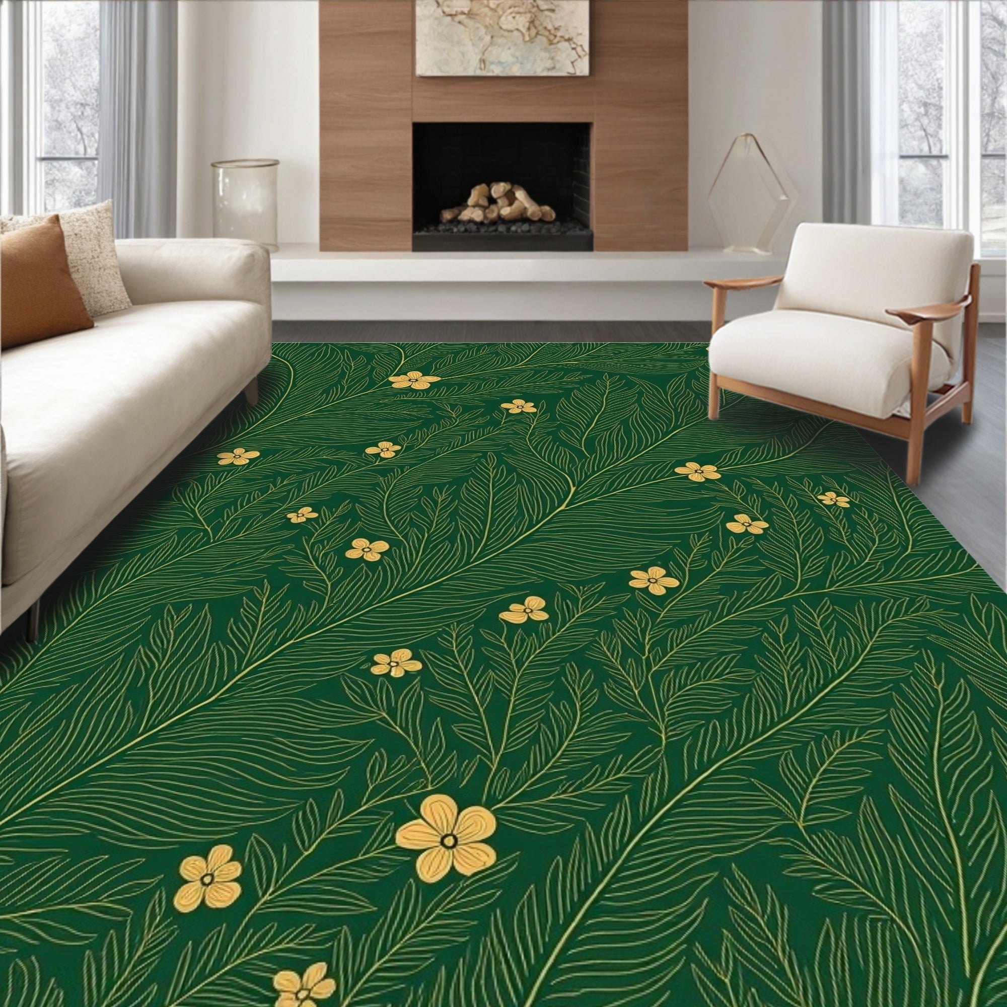 Elegant Green Floral Vine Pattern Rug