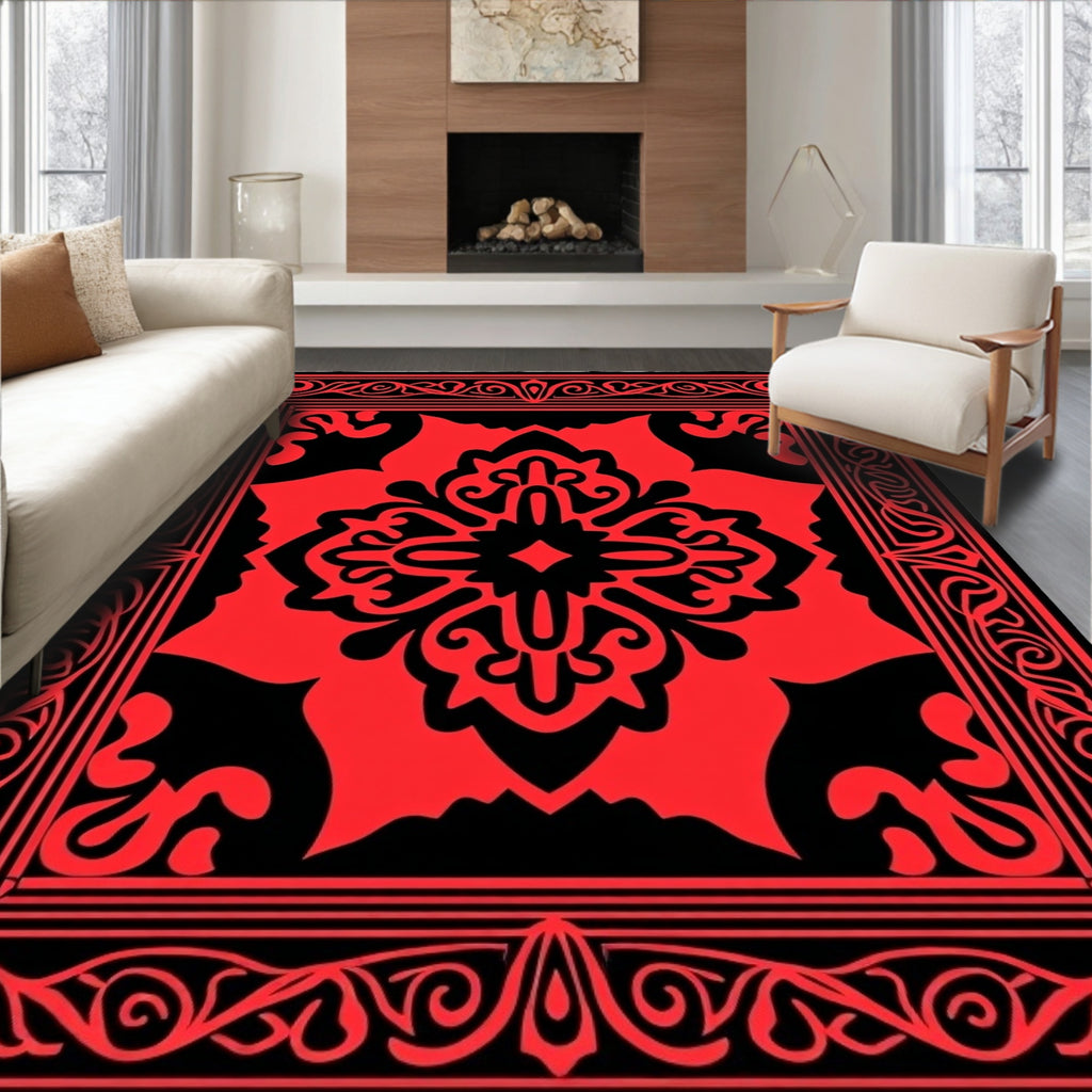 Abstract Red Floral Square Pattern Rug