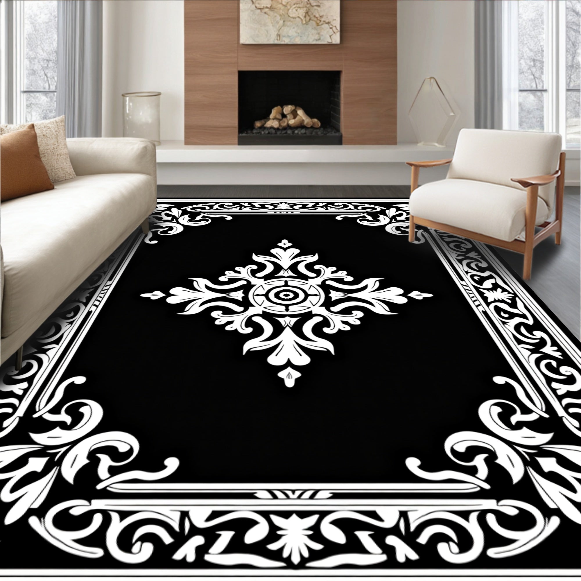 Ornate Black White Floral Design Rug