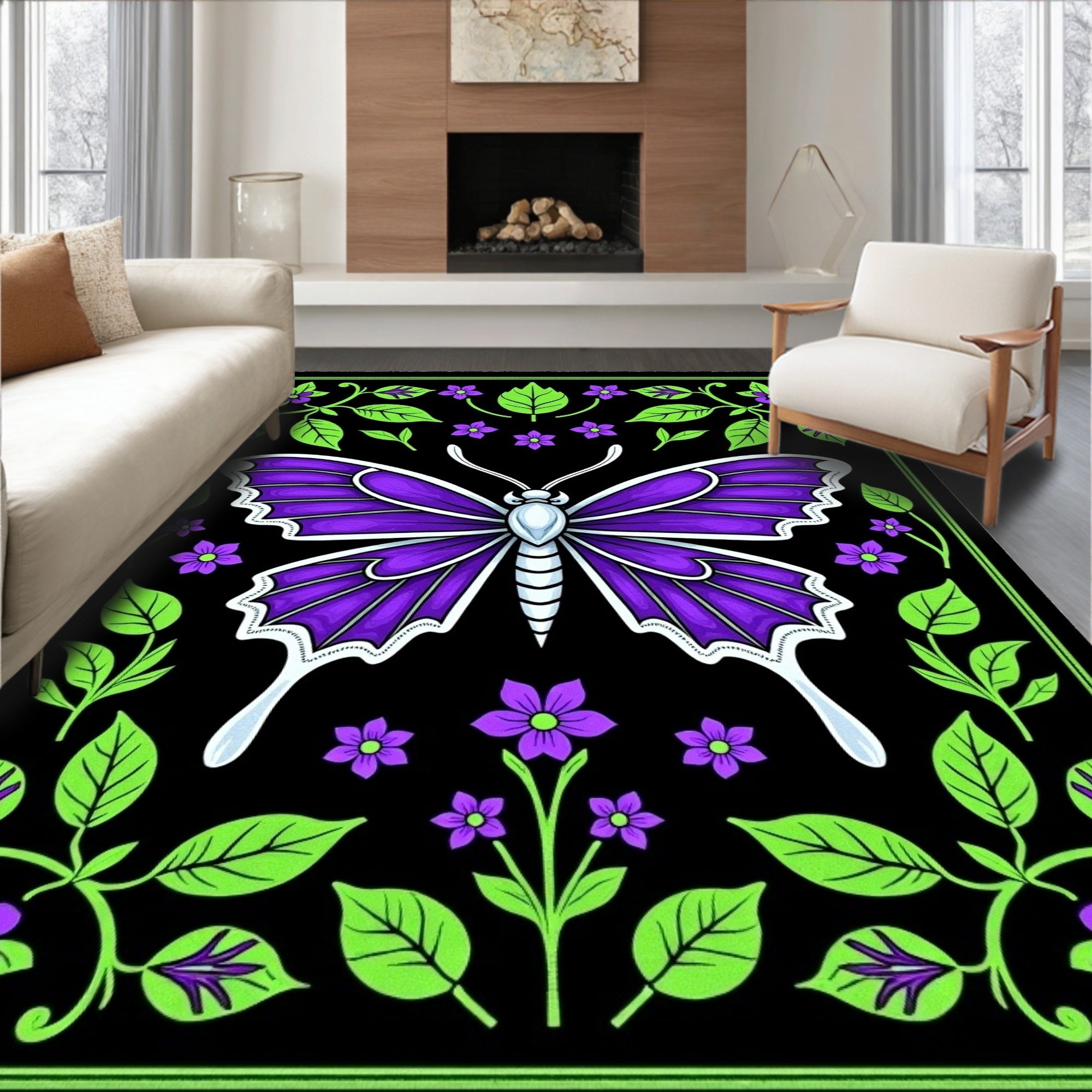 Vibrant Purple Butterfly Garden Illustration Rug