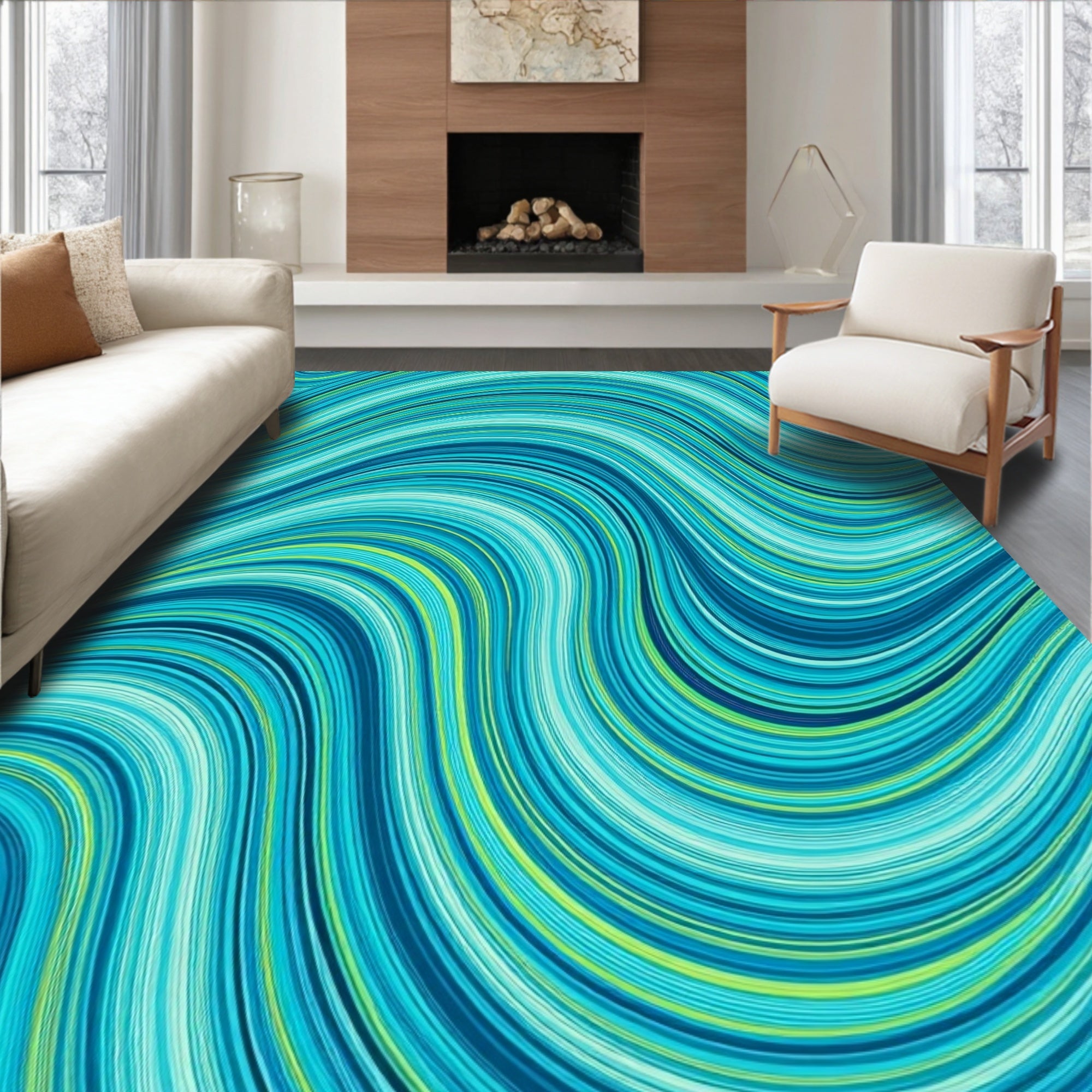 Cool Blue Green Swirl Art Rug