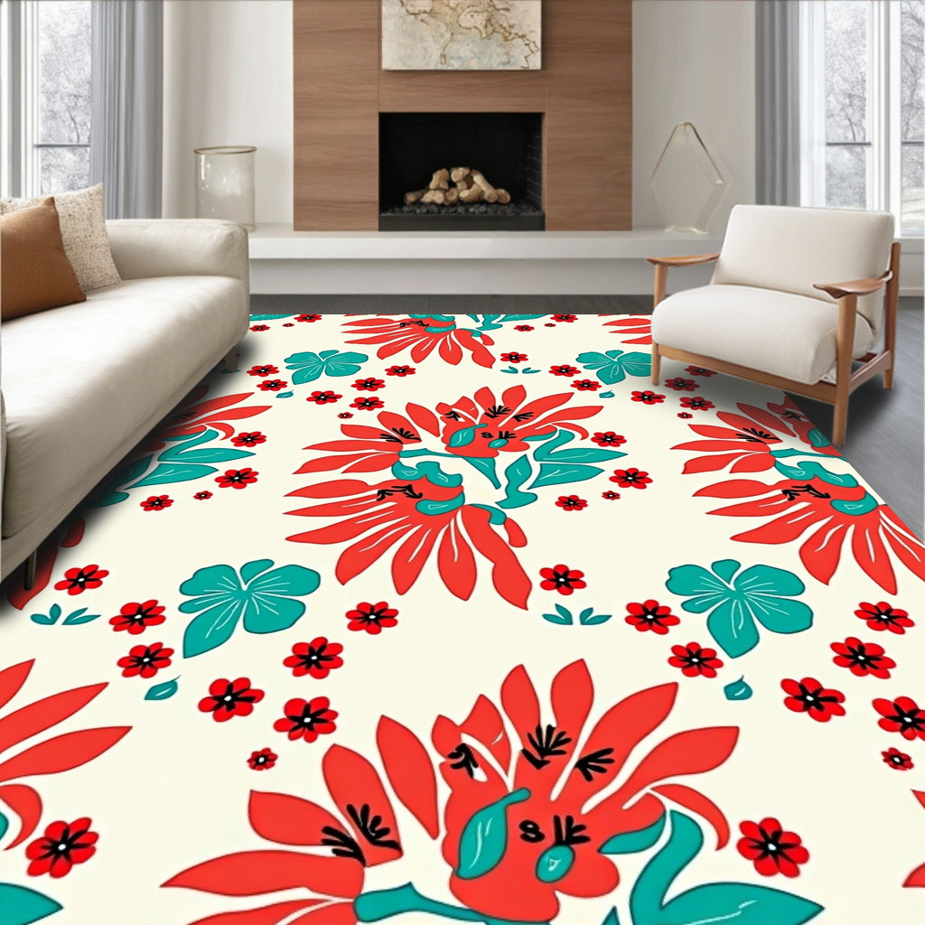Bold Red Floral Pattern Rug