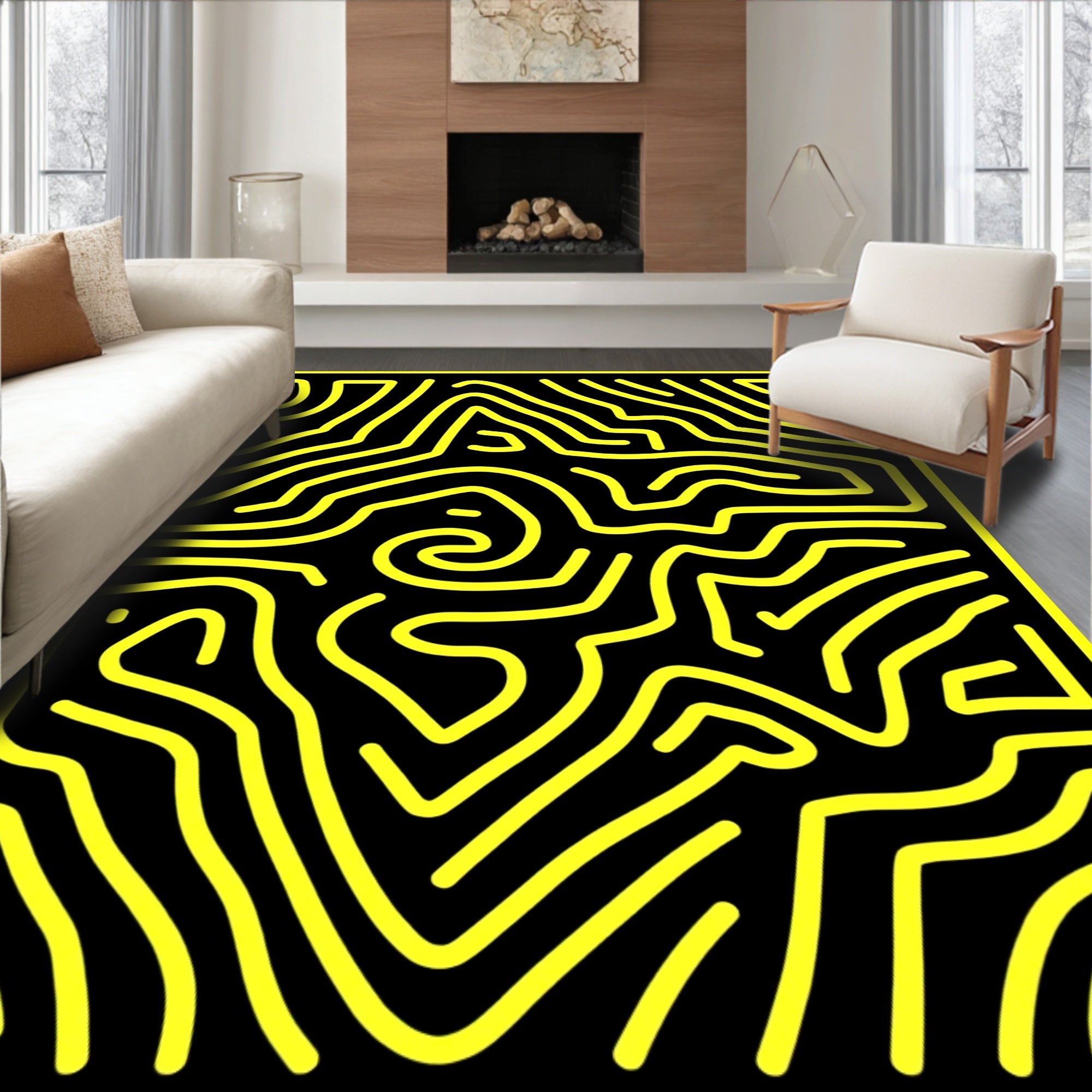 Bold Yellow Abstract Maze Pattern Rug