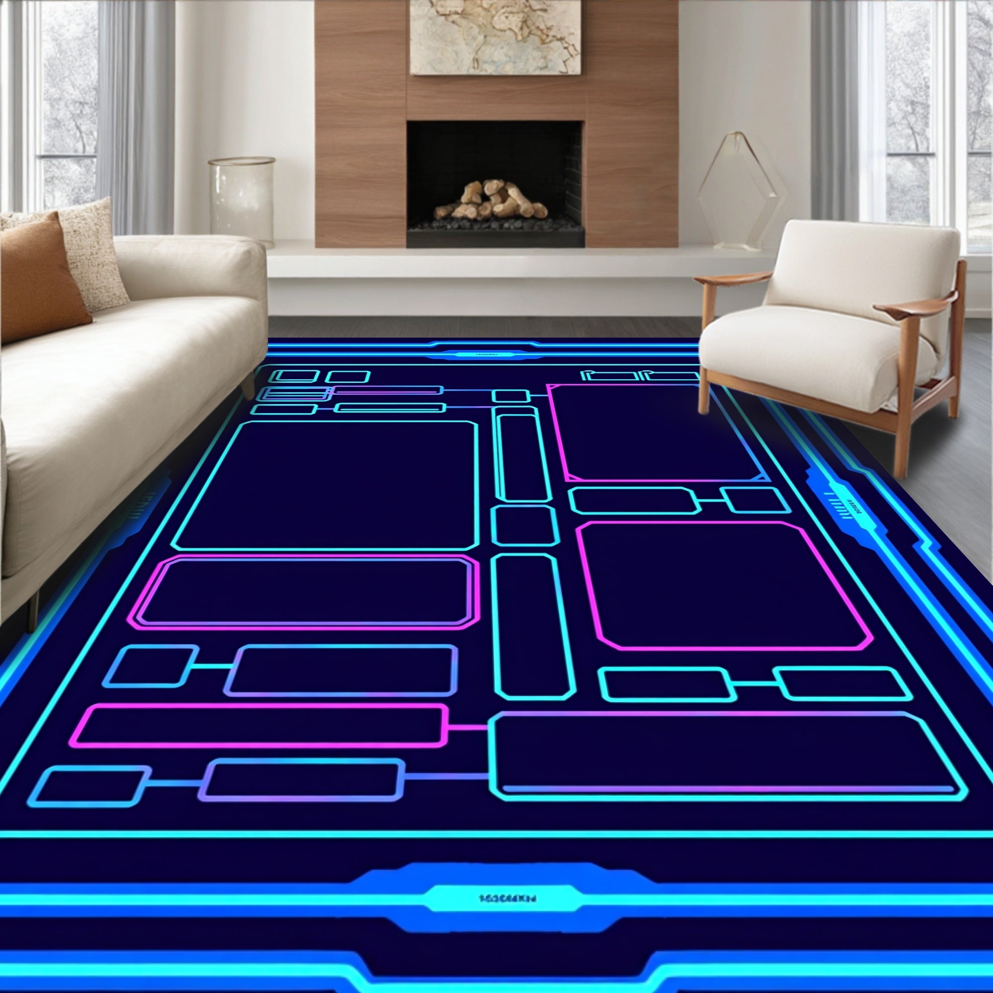 Futuristic Neon Circuits Pattern Rug