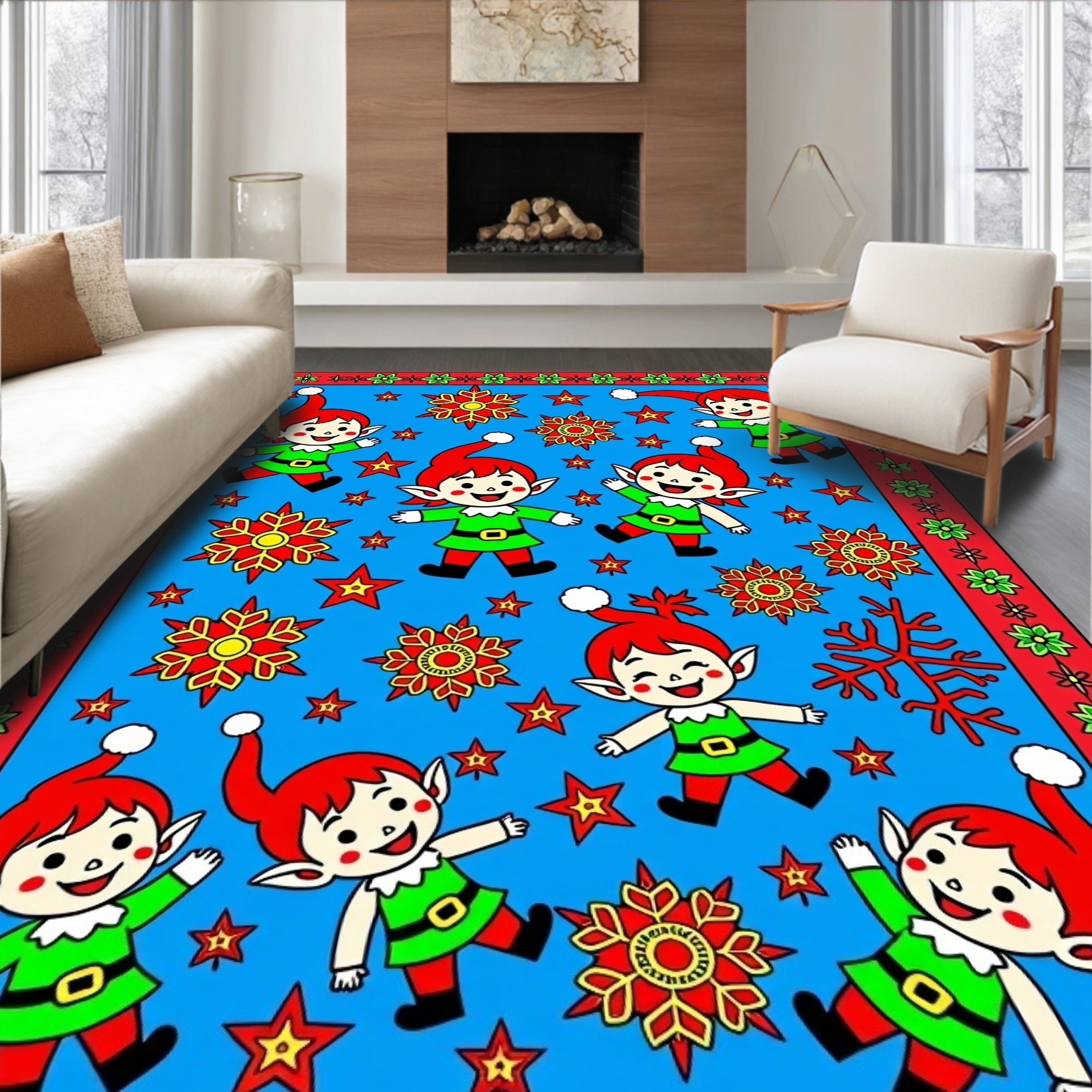 Festive Elves Red and Green Snowflakes Rug