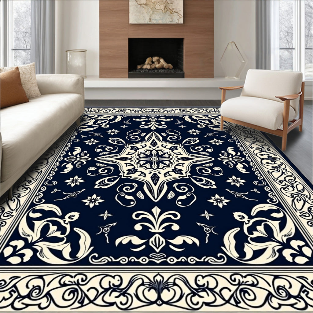 Ornate Floral Border Medallion Pattern Rug