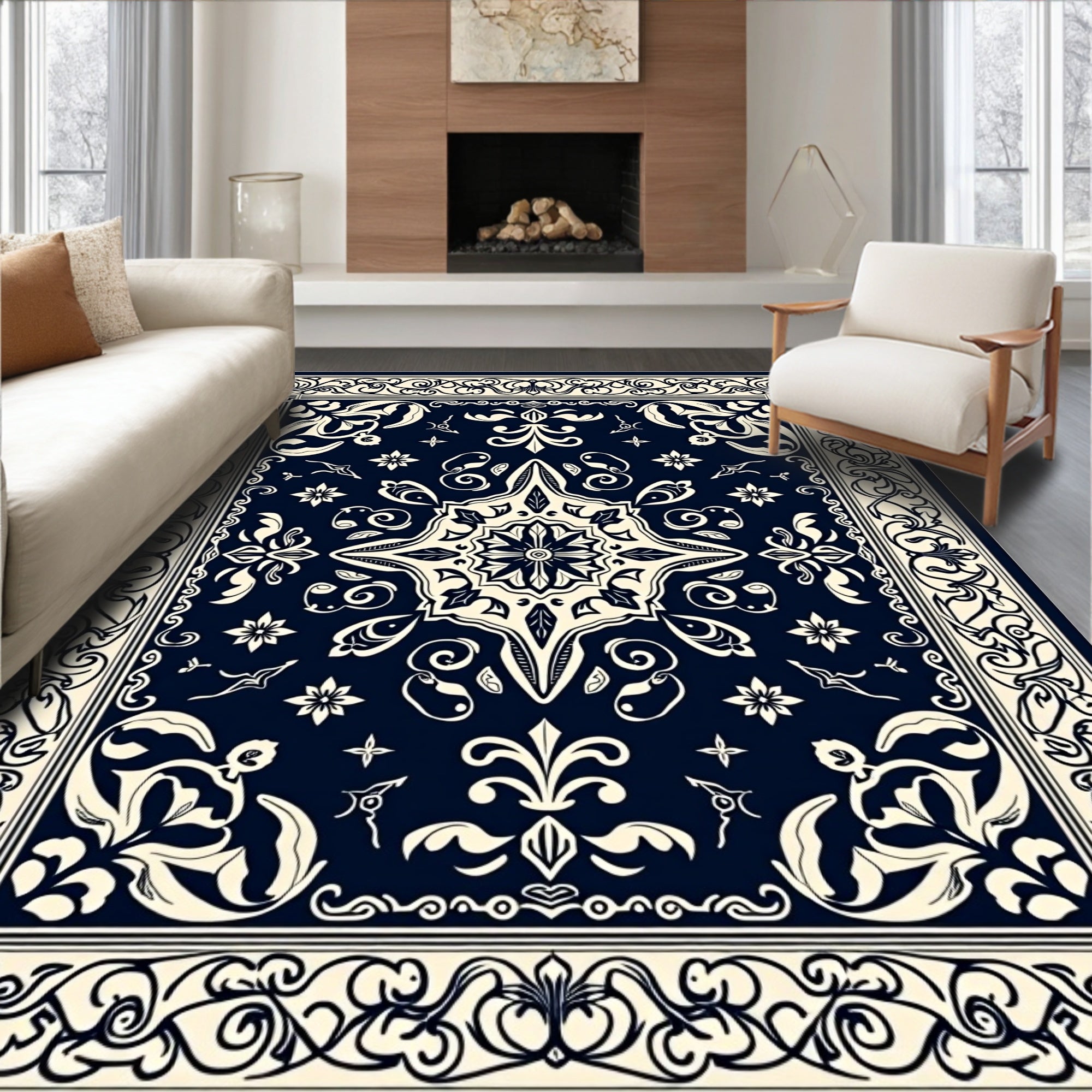 Ornate Floral Border Medallion Pattern Rug