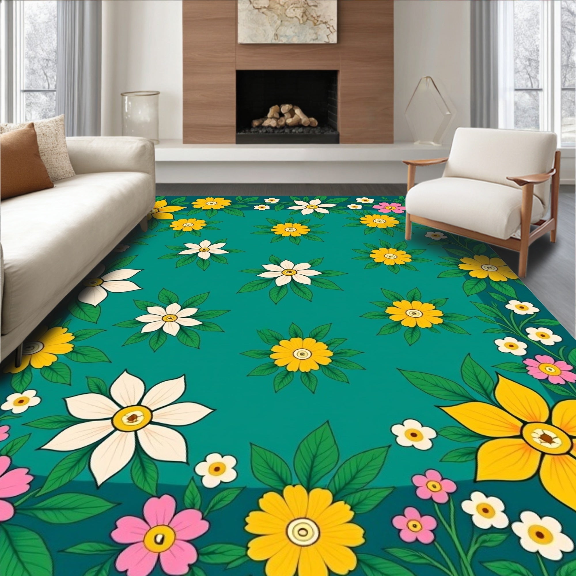 Teal Floral Garden Charm Rug