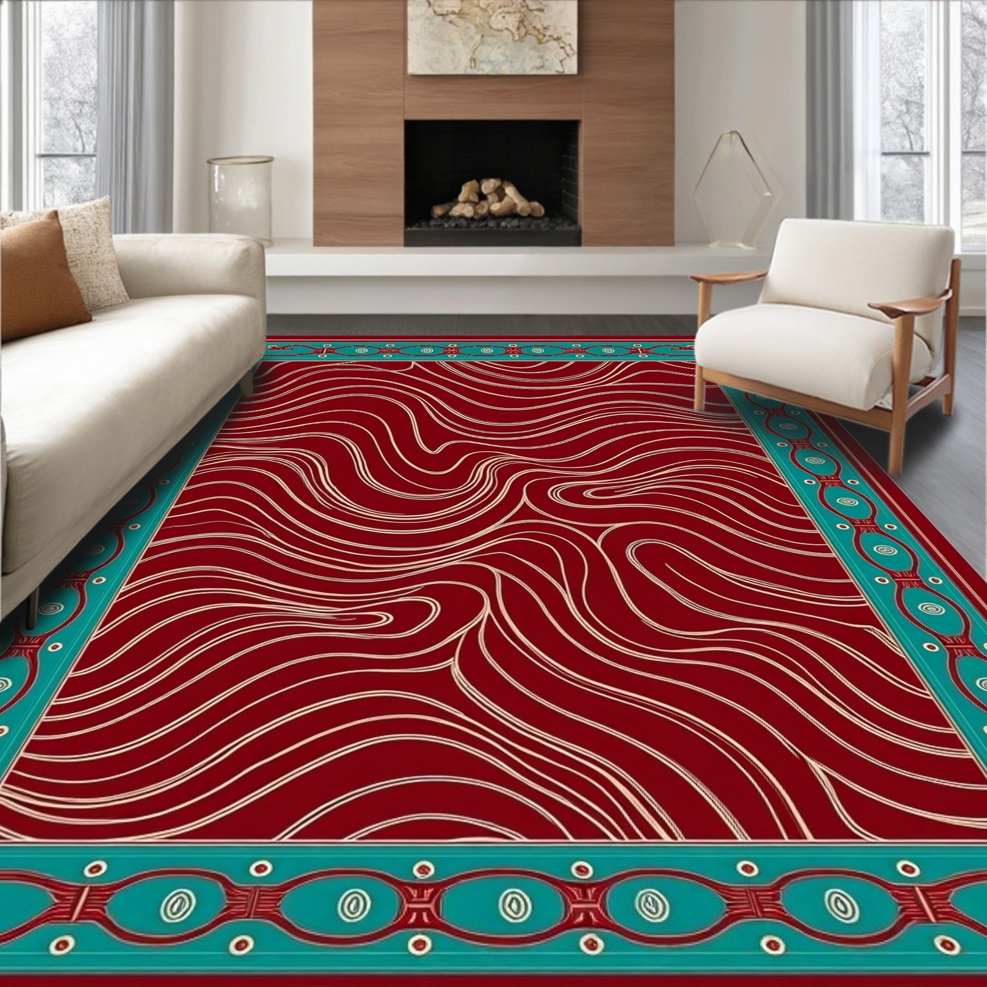 Deep Red Flowing Abstract Bordered Design Rug