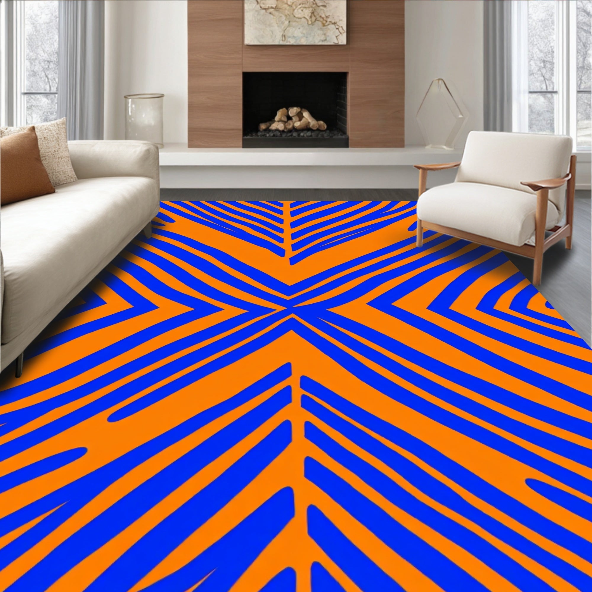 Bold Blue Orange Stripe Pattern Rug