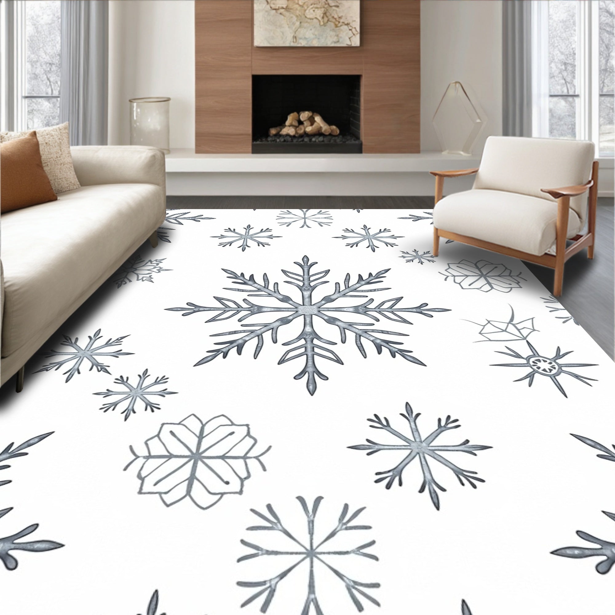 Silver Snowflake Winter Cascade Rug