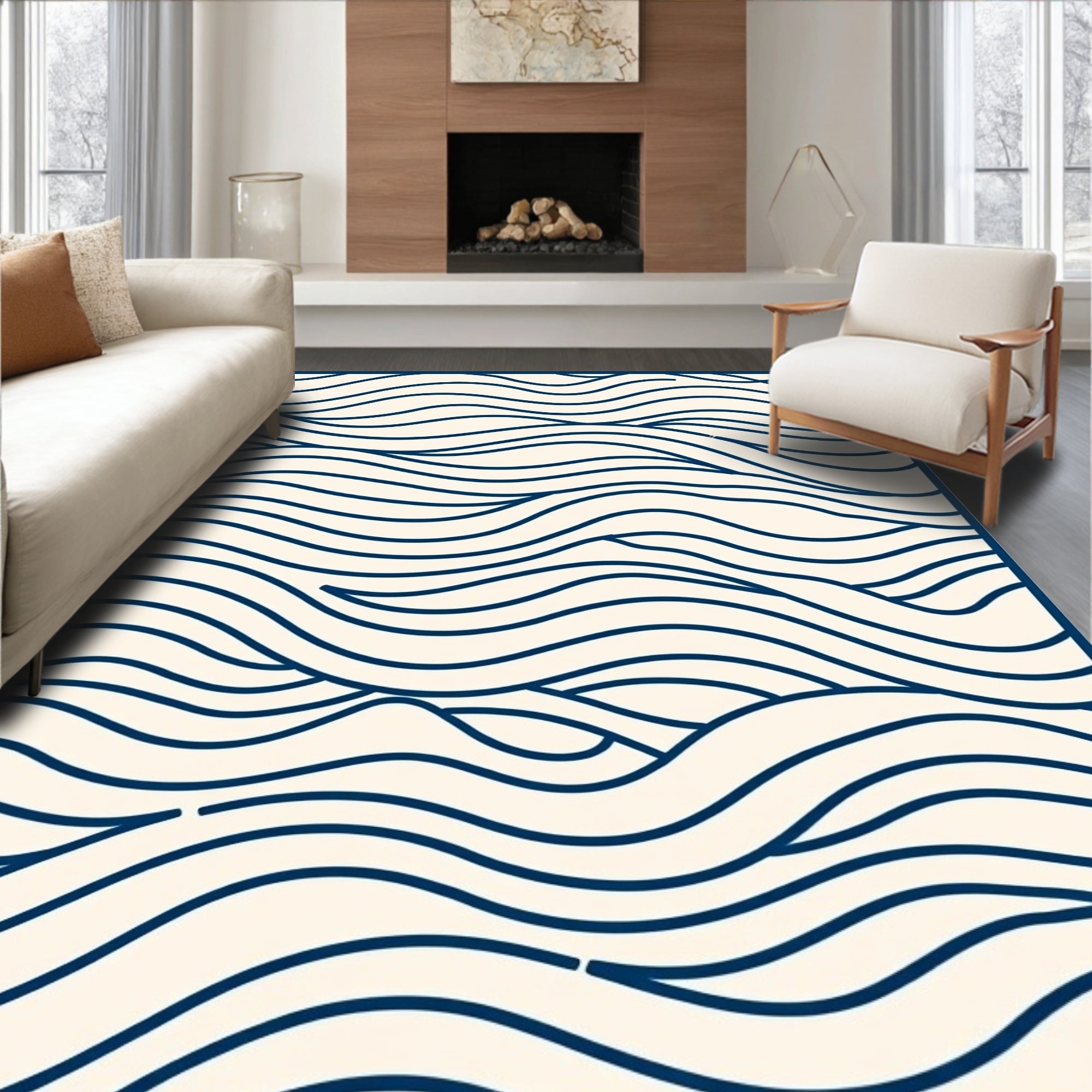 Abstract Navy Wave Pattern Rug