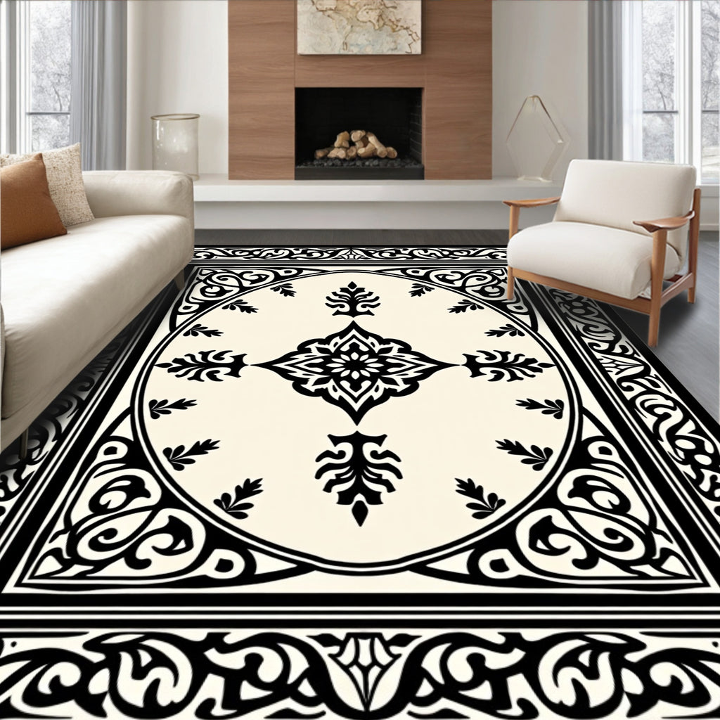 Classic Black Cream Arabesque Frame Rug