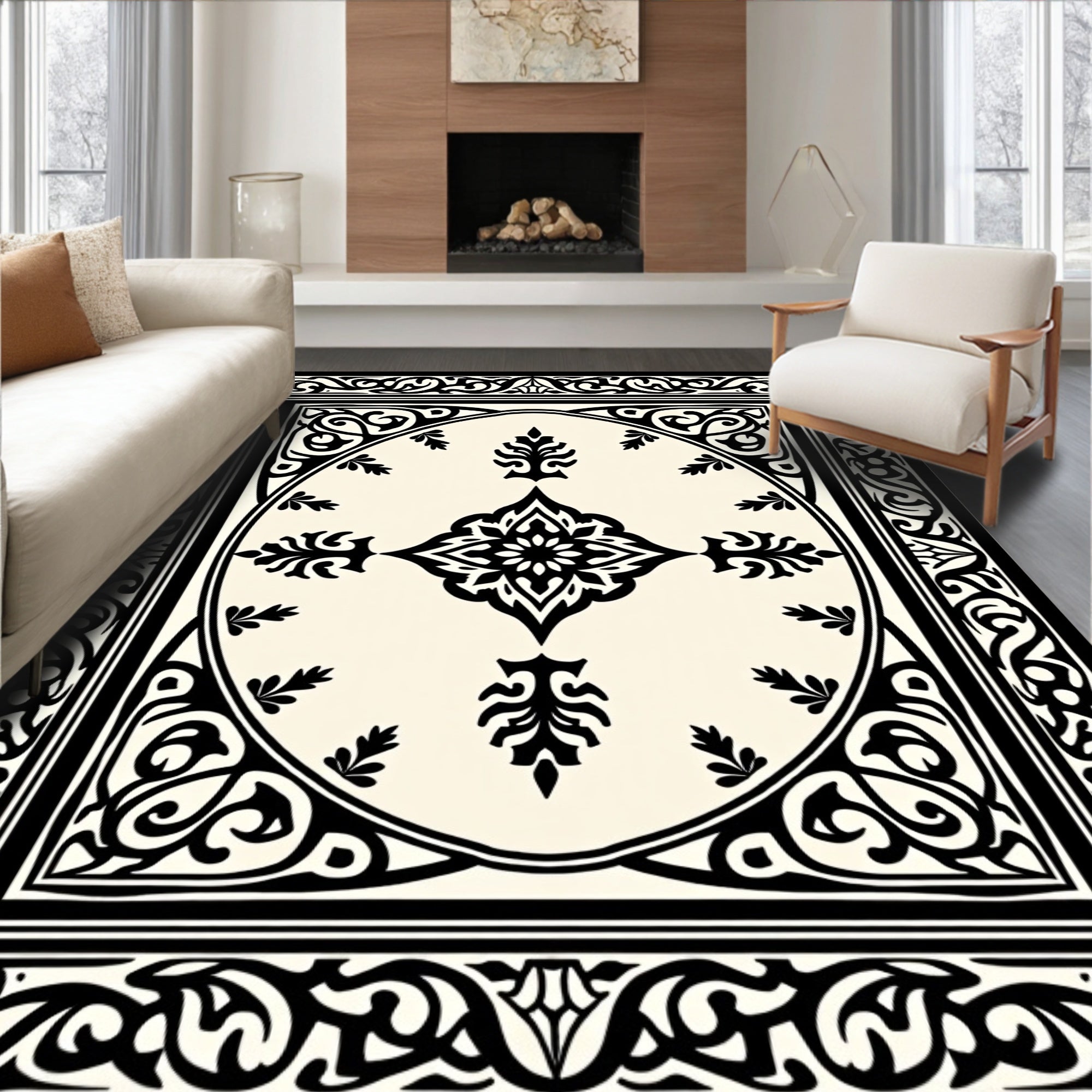 Classic Black Cream Arabesque Frame Rug