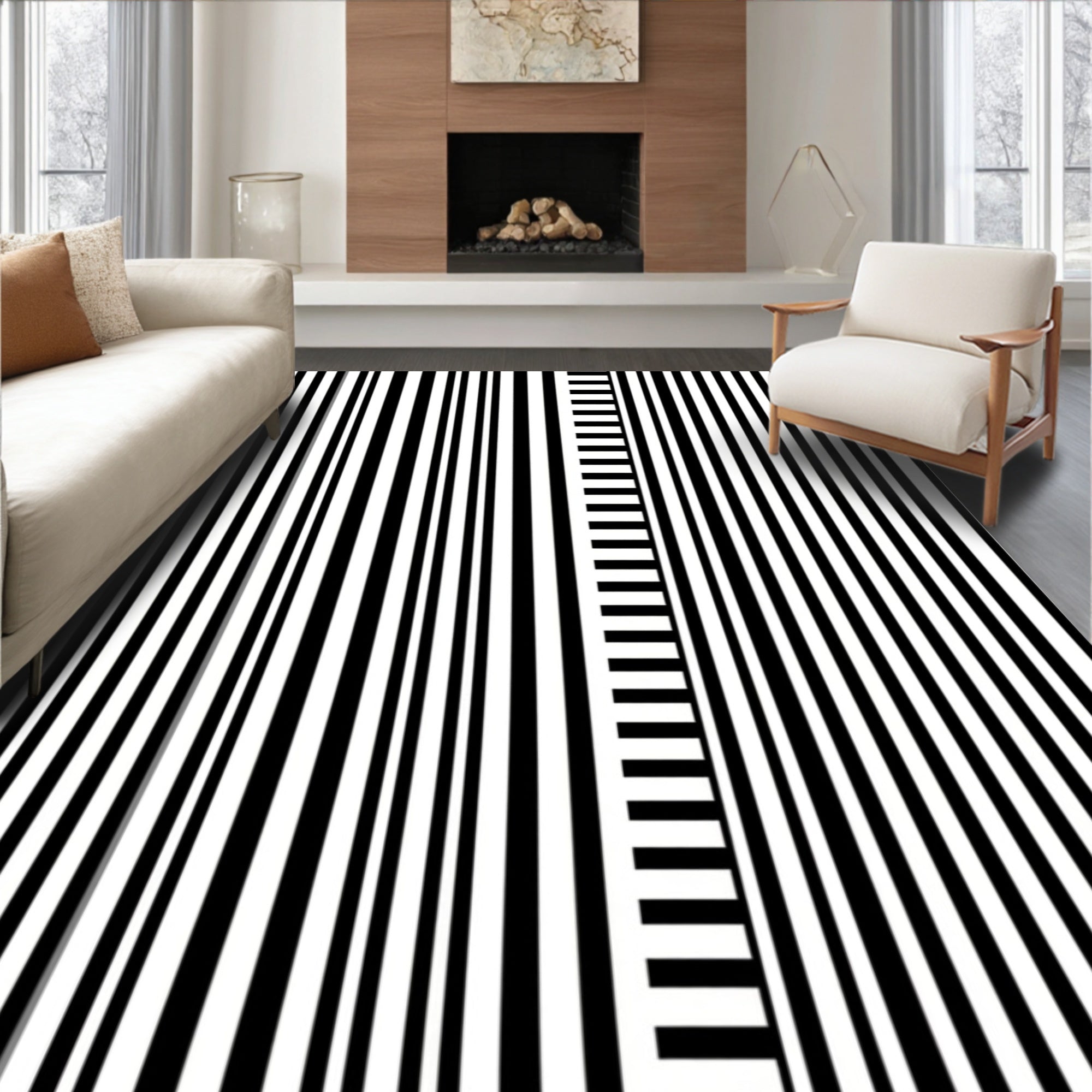 Graphic Black White Vertical Barcode Pattern Rug
