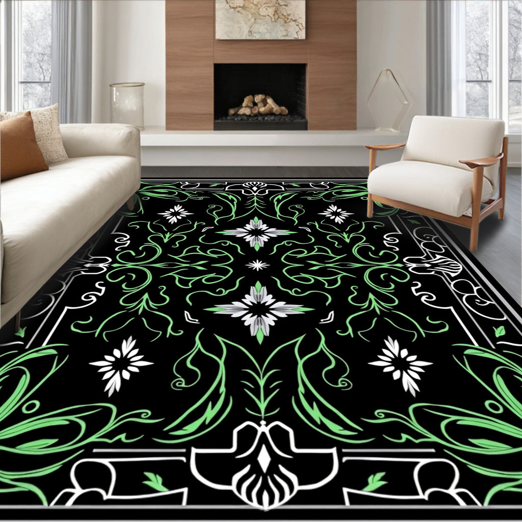 Black Mint Green Floral Mandala Rug