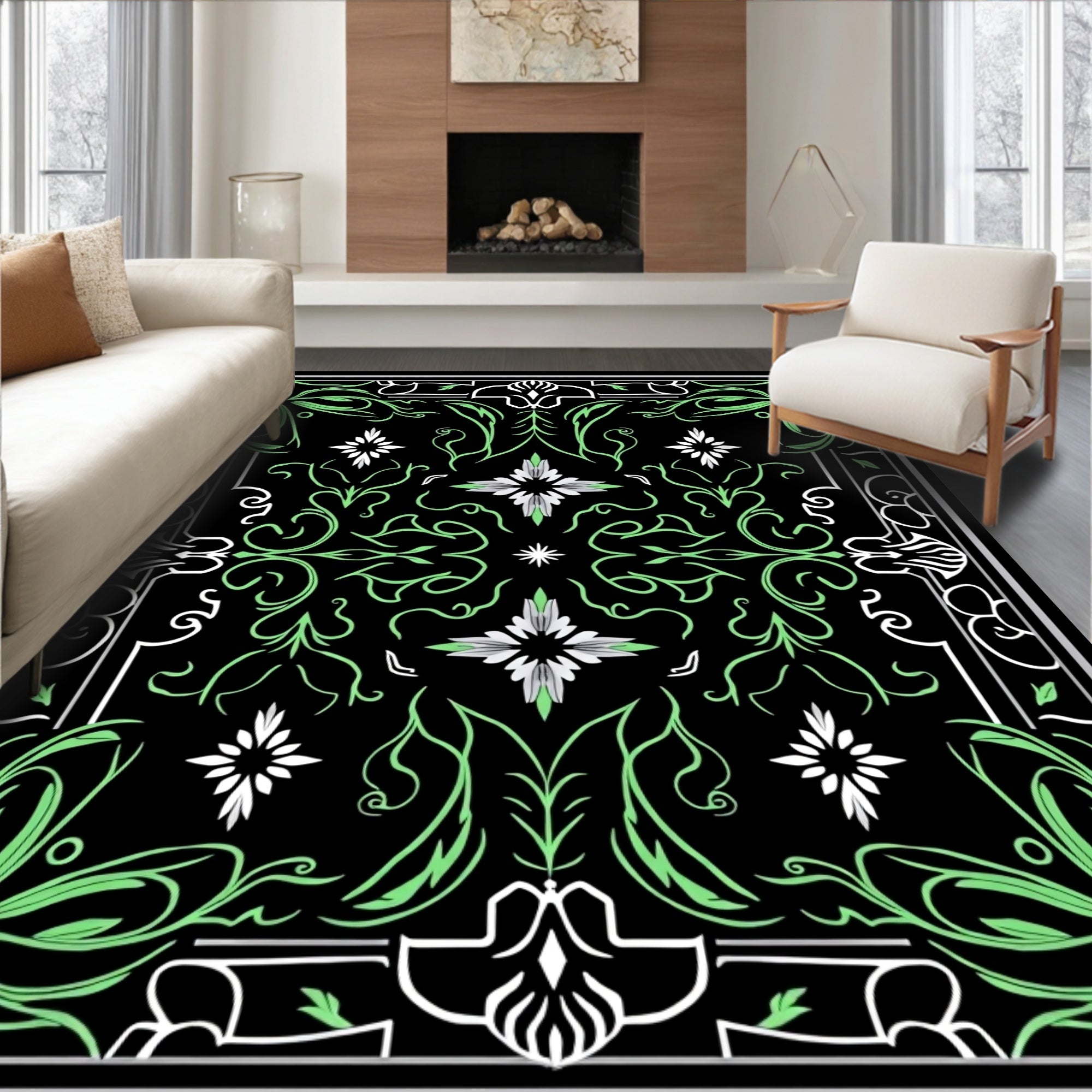 Black Mint Green Floral Mandala Rug