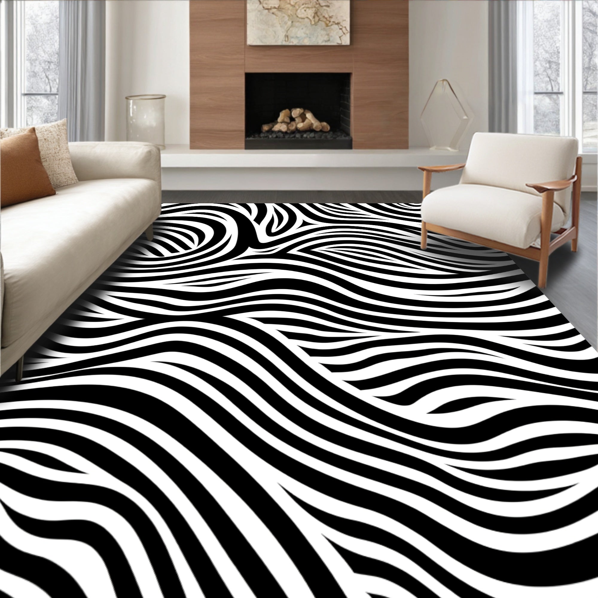 Black White Abstract Wavy Lines Rug