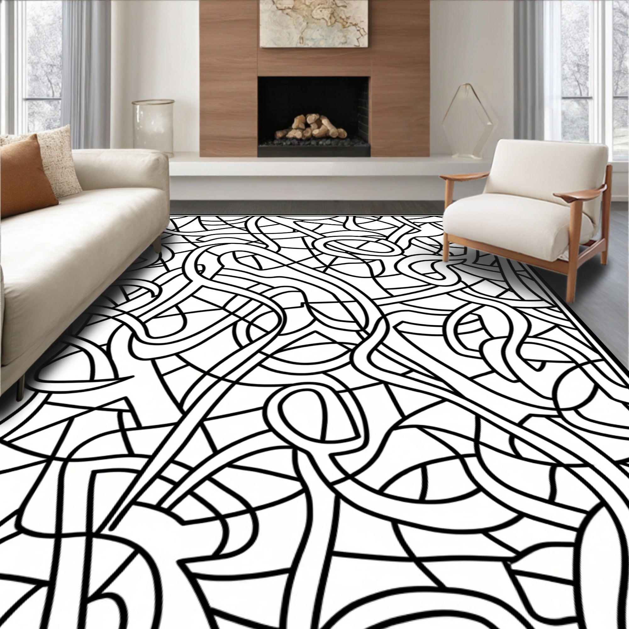 Abstract Black White Swirl Pattern Rug