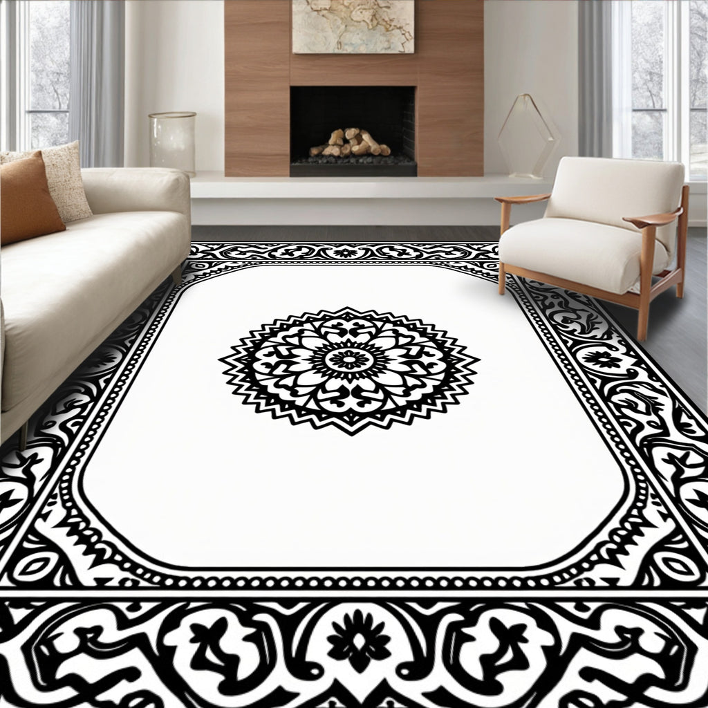 Ornate Black White Mandala Frame Pattern Rug