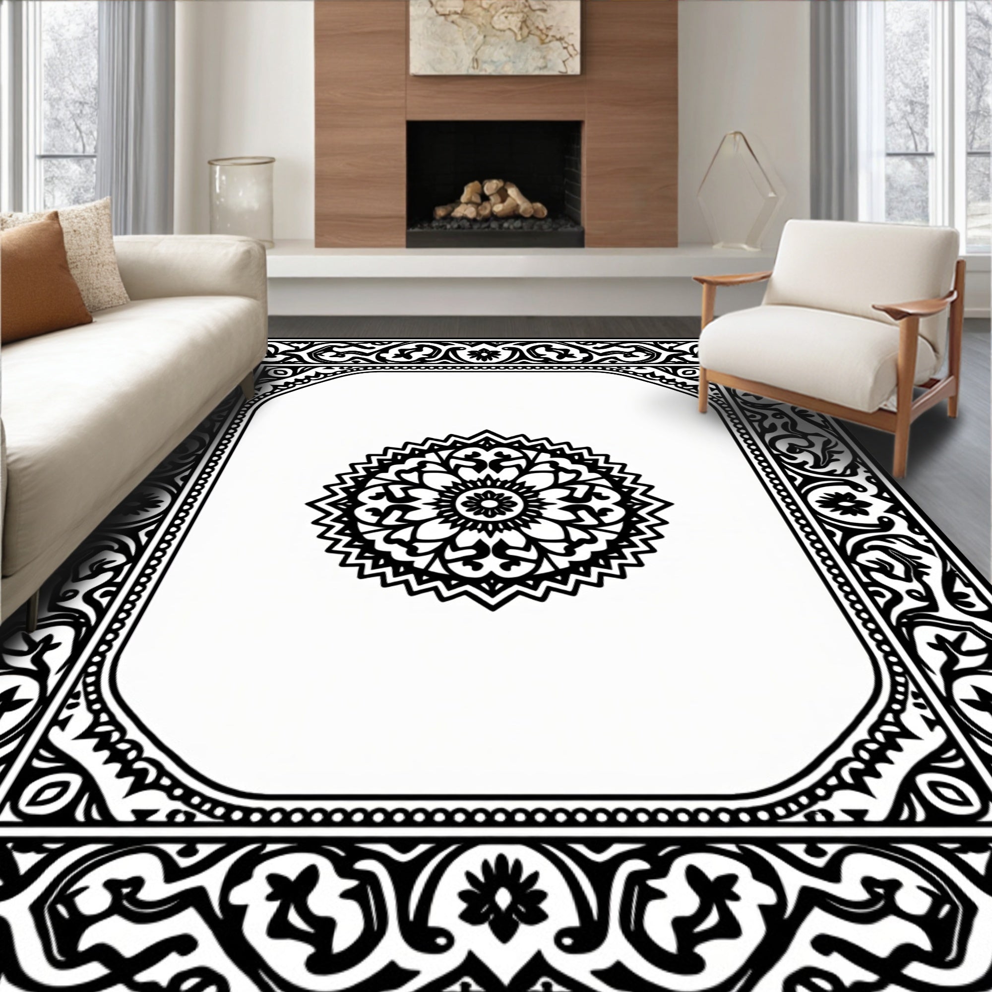 Ornate Black White Mandala Frame Pattern Rug