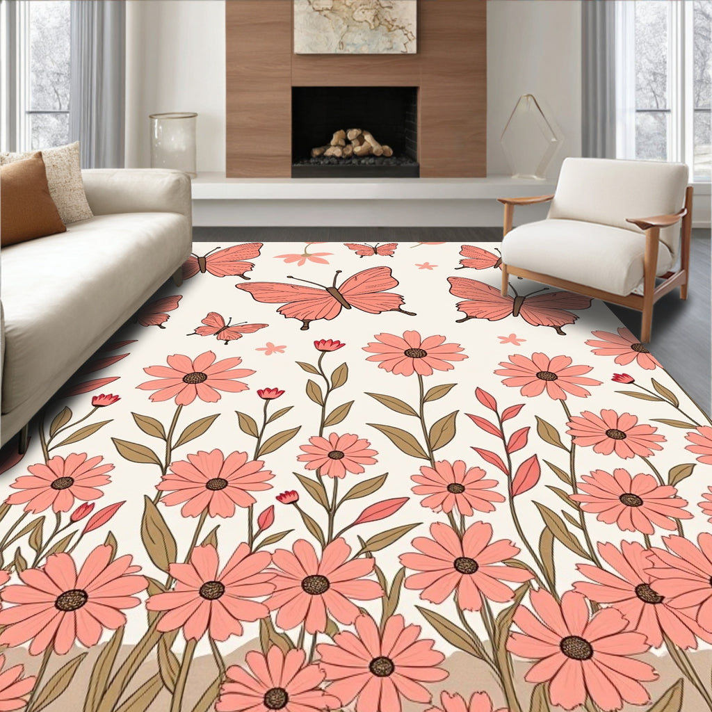 Coral Butterflies and Floral Garden Pattern Rug