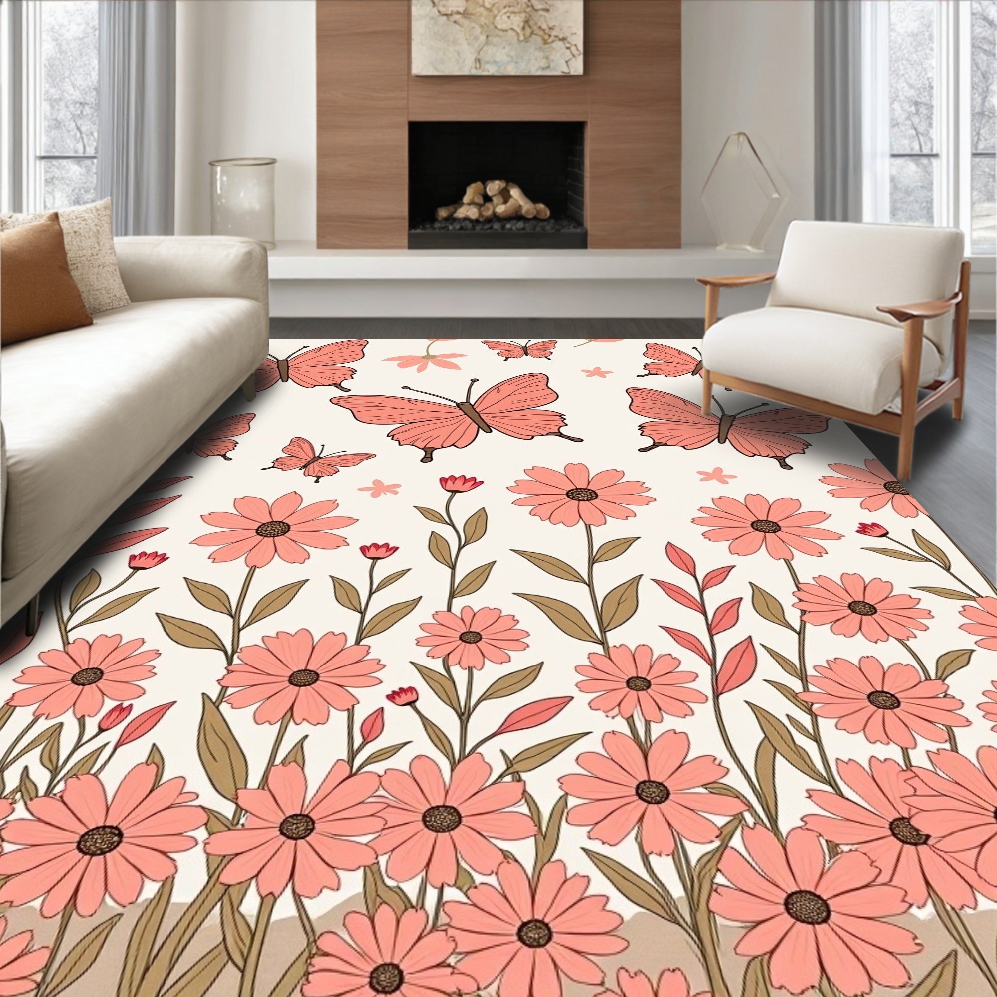 Coral Butterflies and Floral Garden Pattern Rug