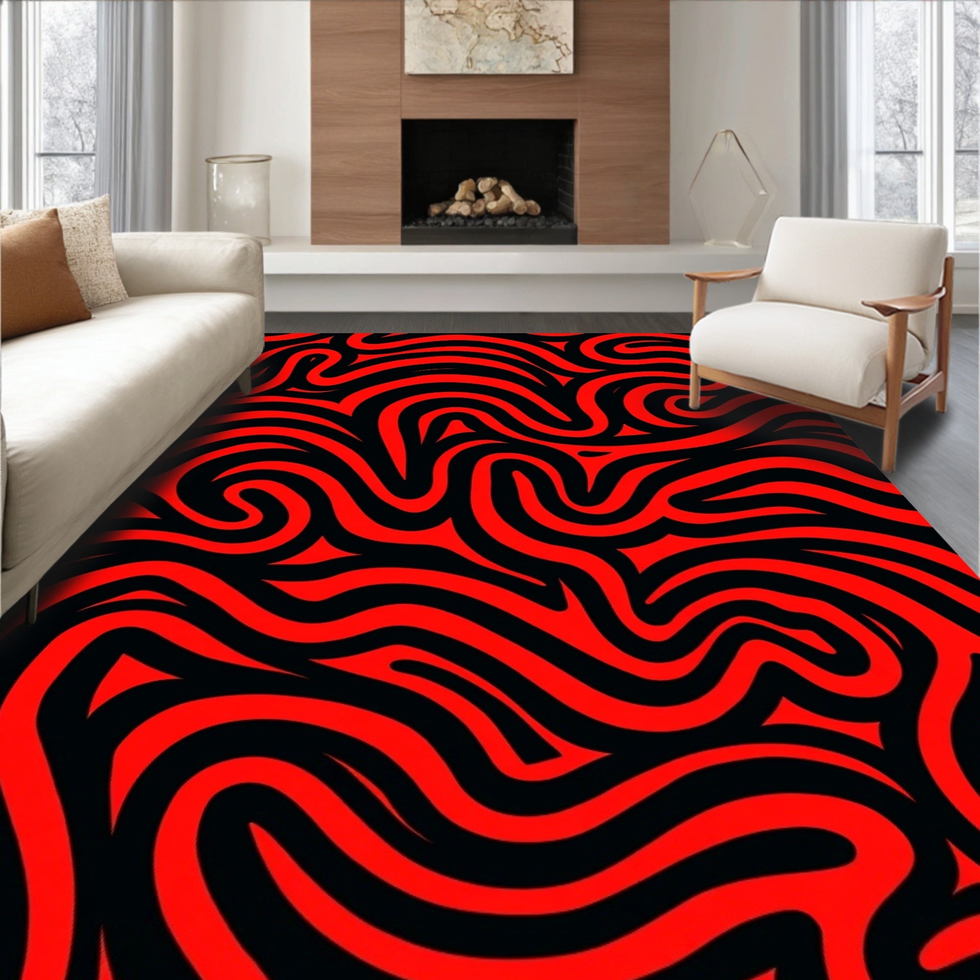 Bold Red Black Swirling Lines Rug