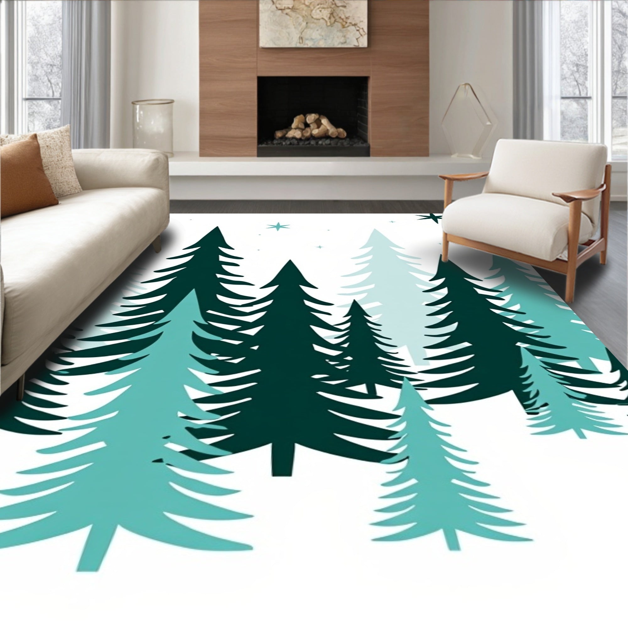 Evergreen Forest Teal Stars Rug