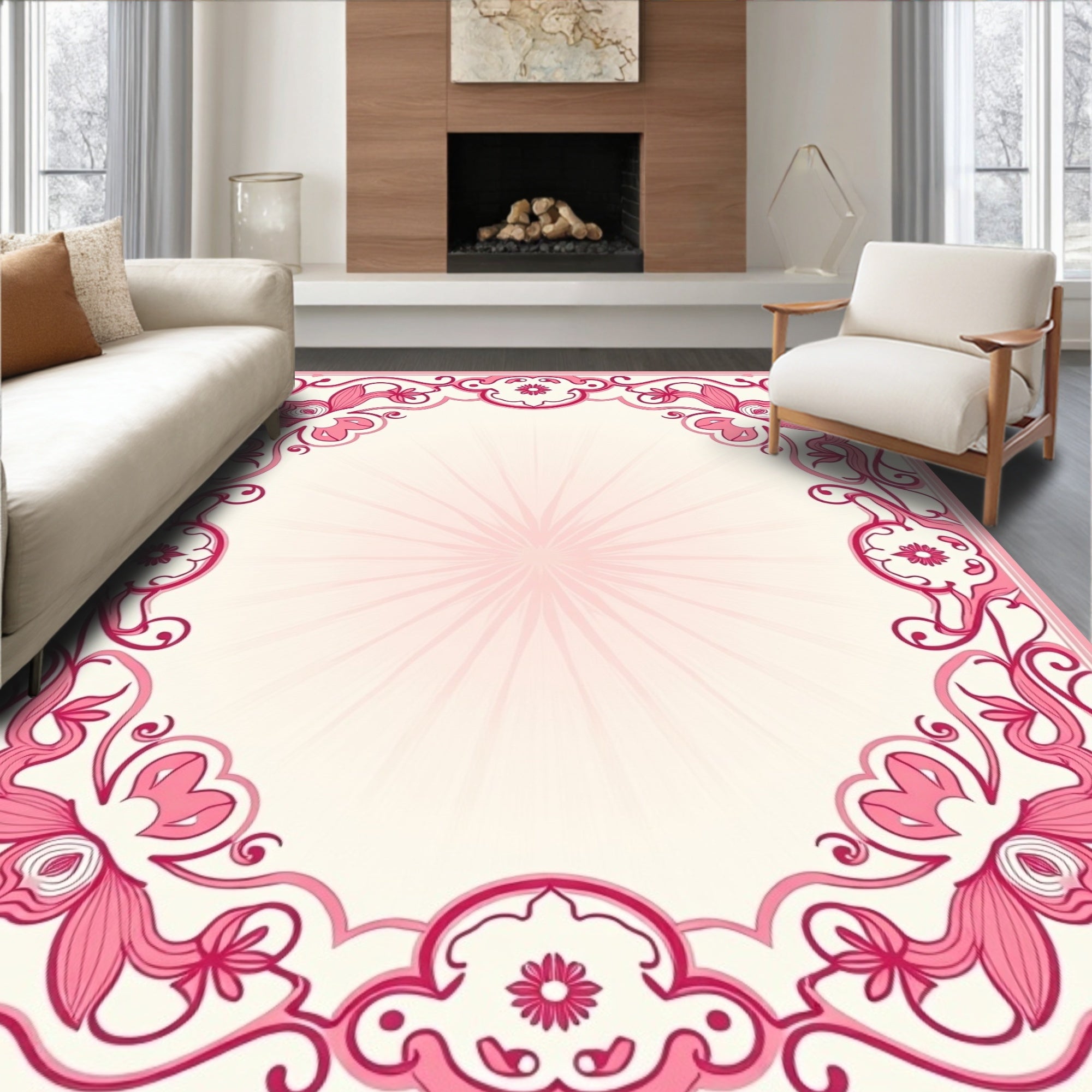 Ornate Pink Floral Corner Pattern Rug
