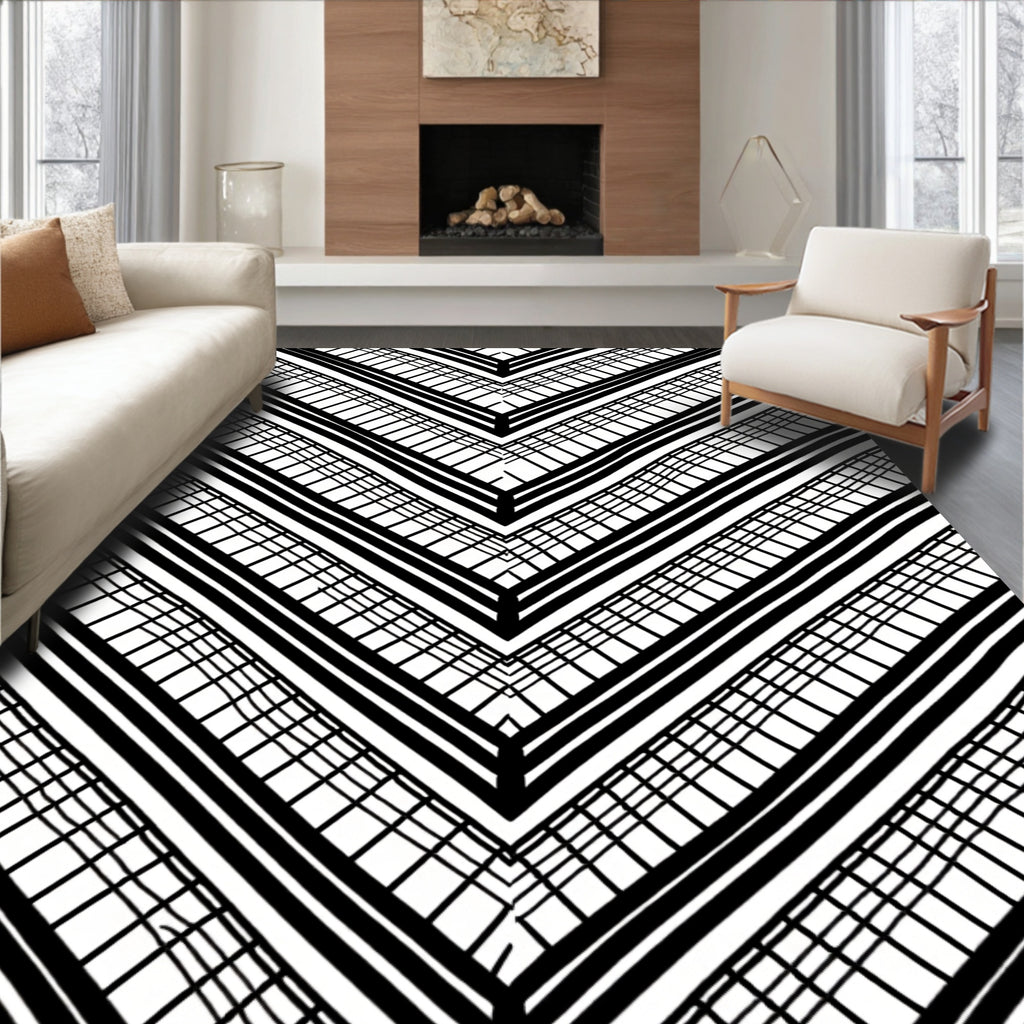 Modern Black Grid Chevron Pattern Rug