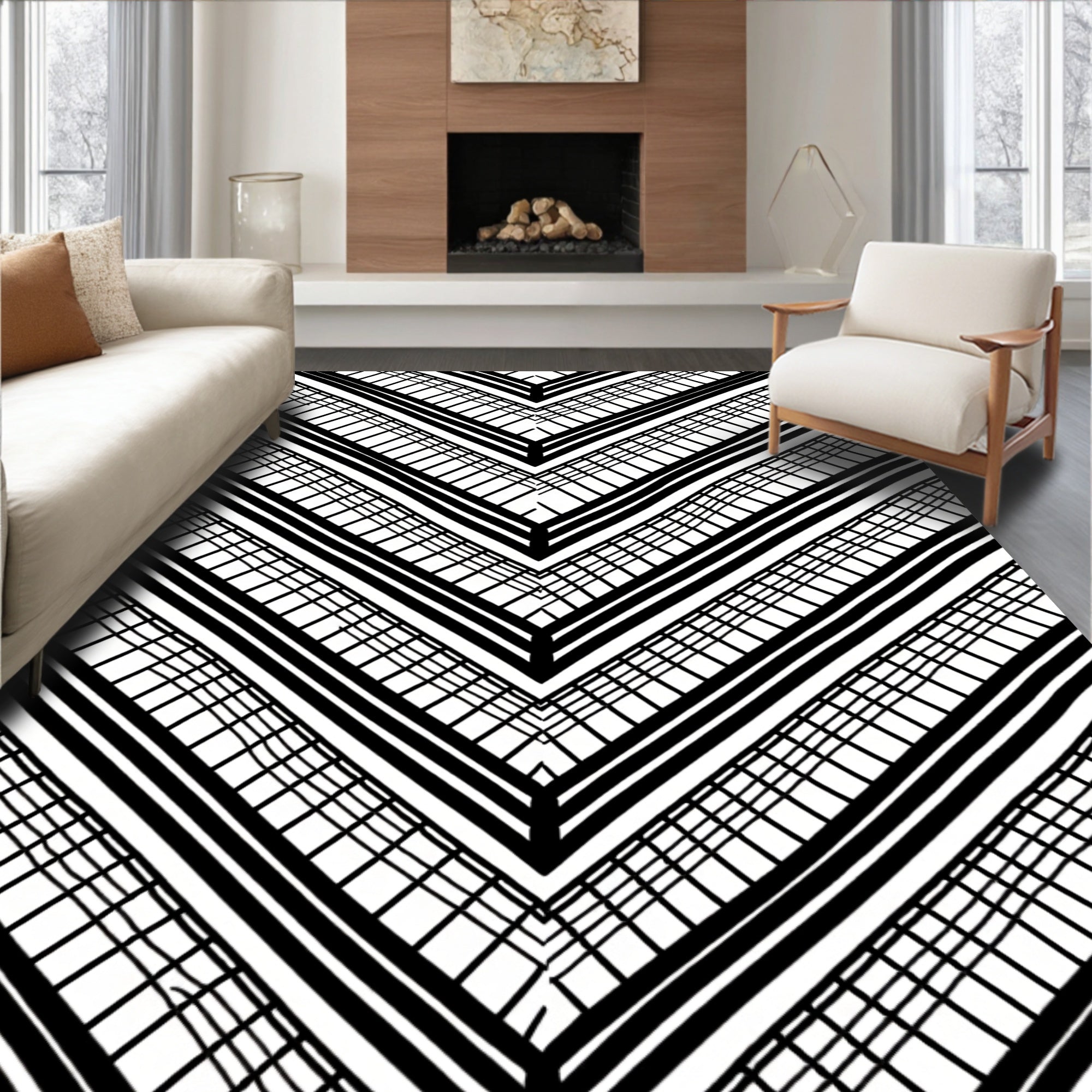 Modern Black Grid Chevron Pattern Rug