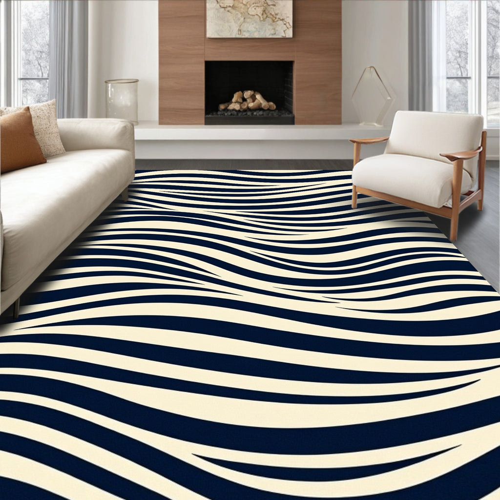 Dark Blue Cream Wavy Stripe Rug
