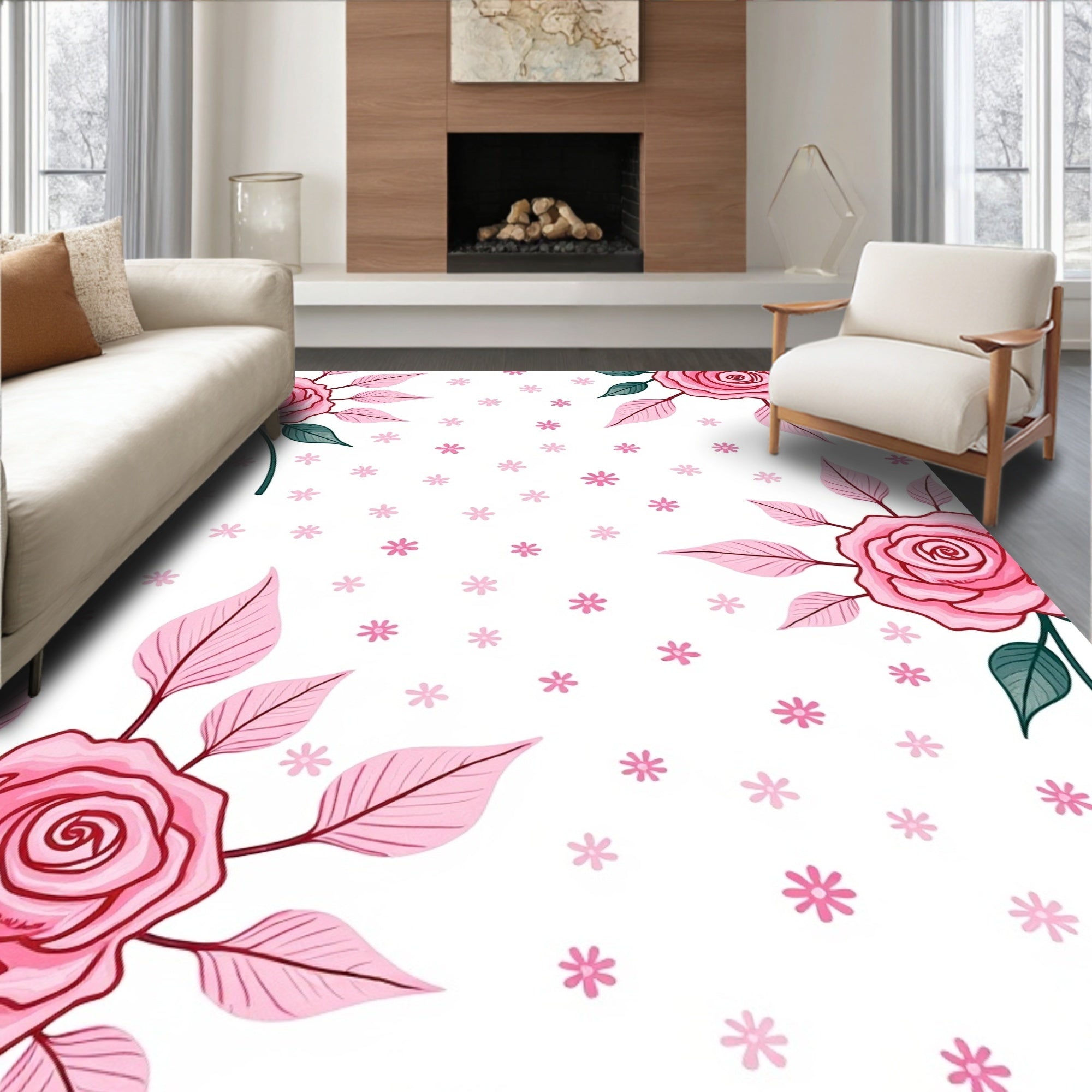 Pink Rose Floral Scatter Rug